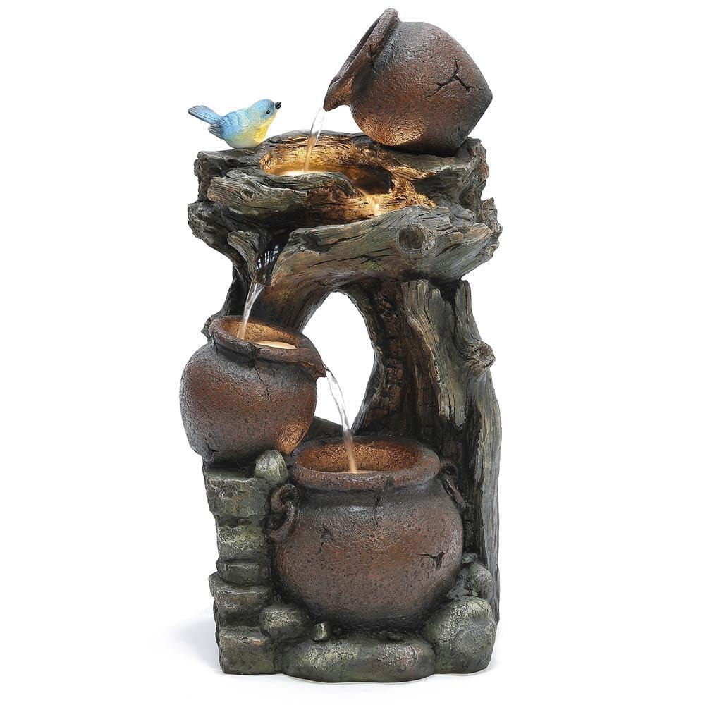 LuxenHome Rustic Pots and Pitchers on Tree Resin Outdoor Fountain with Lights Brown
