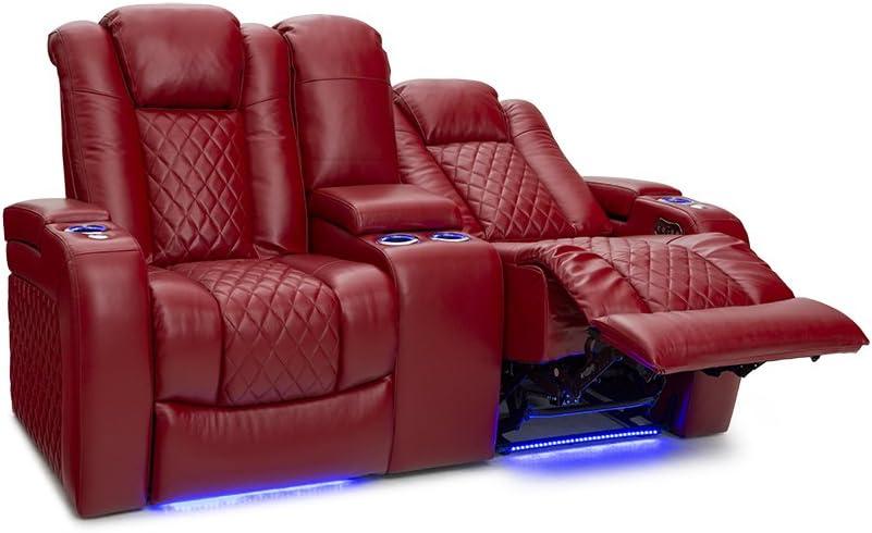 Seatcraft Anthem Home Theater Leather Loveseat Power Reclining 2-Row Seating with Power Headrest, LED lights, Center Table, Cupholders, AC/USB Outlets, and Hidden Storage in Red