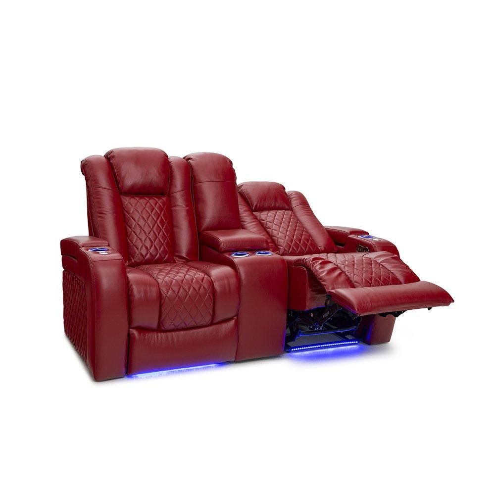 Seatcraft Anthem Home Theater Leather Loveseat Power Reclining 2-Row Seating with Power Headrest, LED lights, Center Table, Cupholders, AC/USB Outlets, and Hidden Storage in Red
