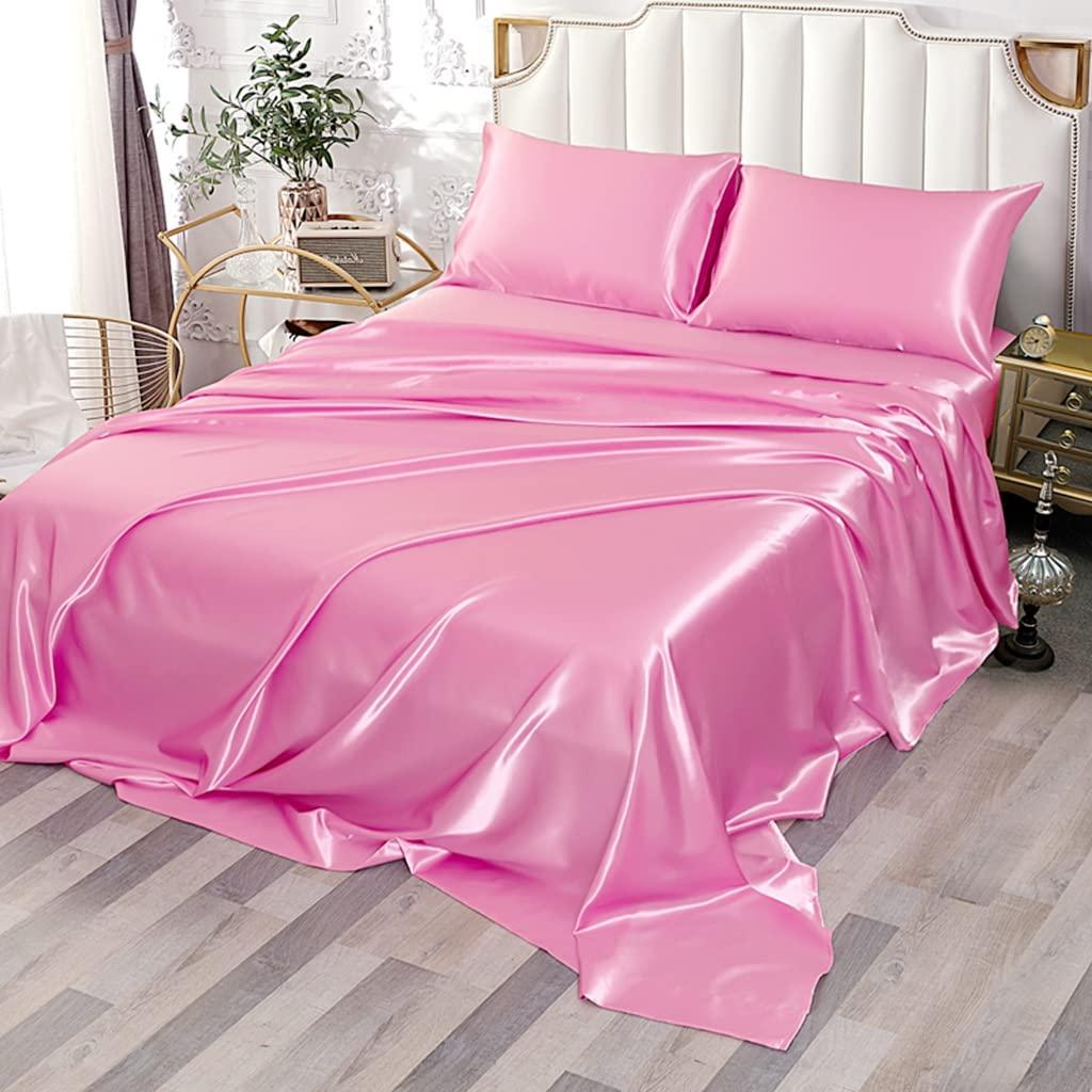 Homiest 4pcs Satin Sheets Set Luxury Silky Satin Bedding Set with Deep Pocket, 1 Fitted Sheet + 1 Flat Sheet + 2 Pillowcases (Queen Size, Blush Pink)