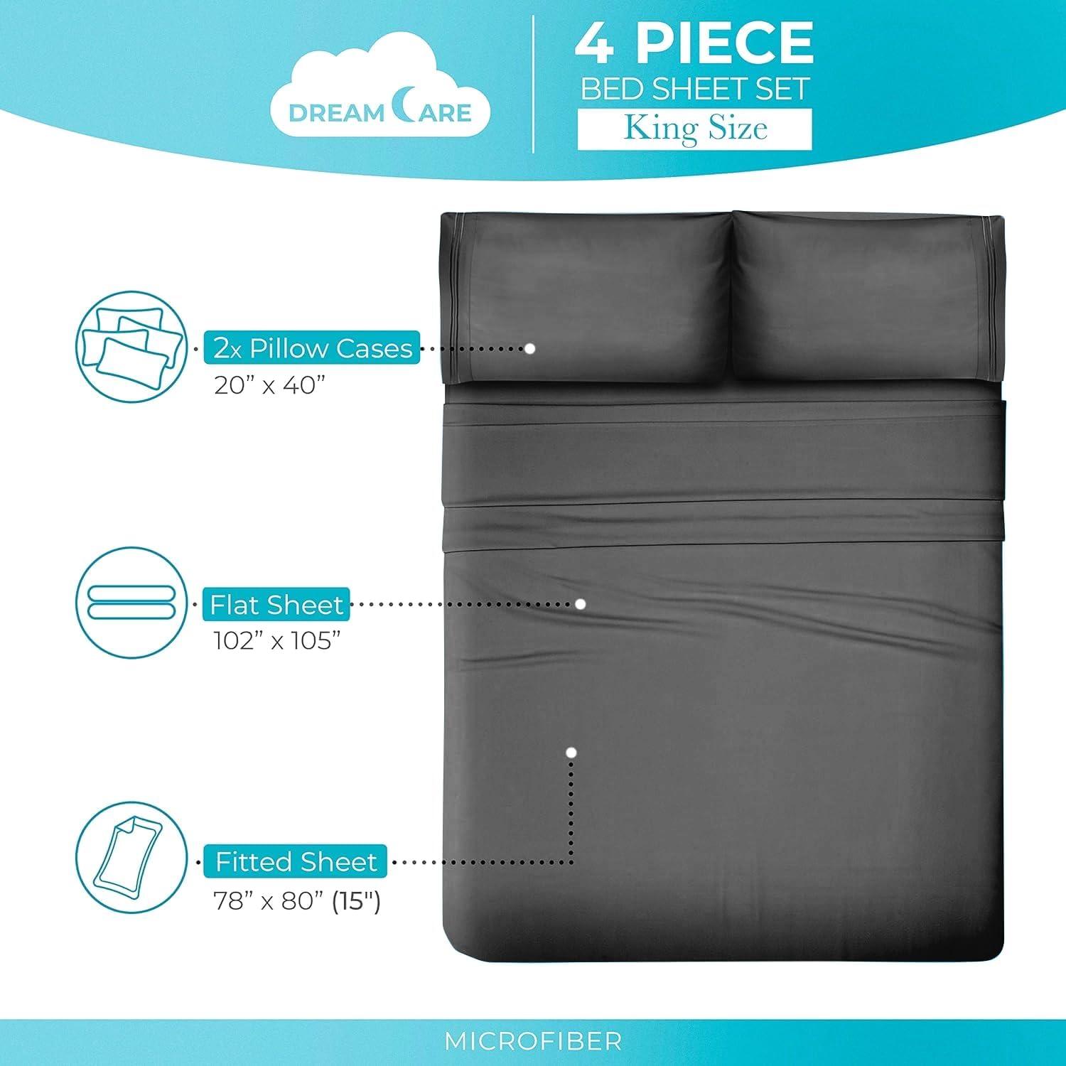 DREAMCARE - Bed Sheets Set - Queen Size Sheet with Side Pocket - 4pcs Set, 15 inches, Dark Gray