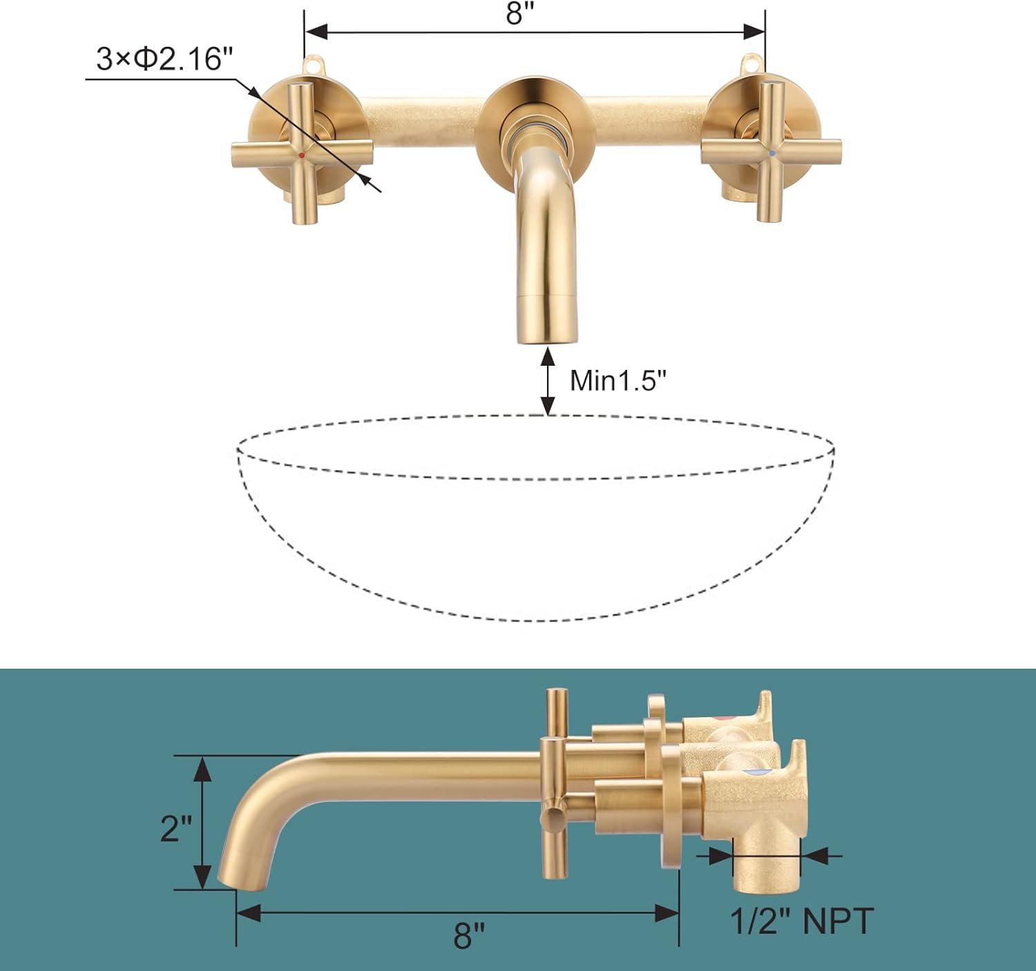 Brushed Gold Double Handle Wall Mount Bathroom Faucet