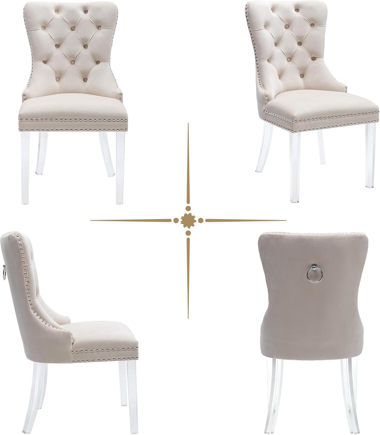 VICBARLEY Velvet Dining Chair Set of 2 Upholstered Tufted Dining Room Chair with Nailhead Trim and Stainless Steel Silver Plated Legs for Kitchen, Restaurant, Beige