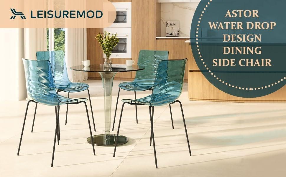 LeisureMod Astor Acrylic Dining Chair with Water Ripple Design and Metal Legs in Transparent Blue
