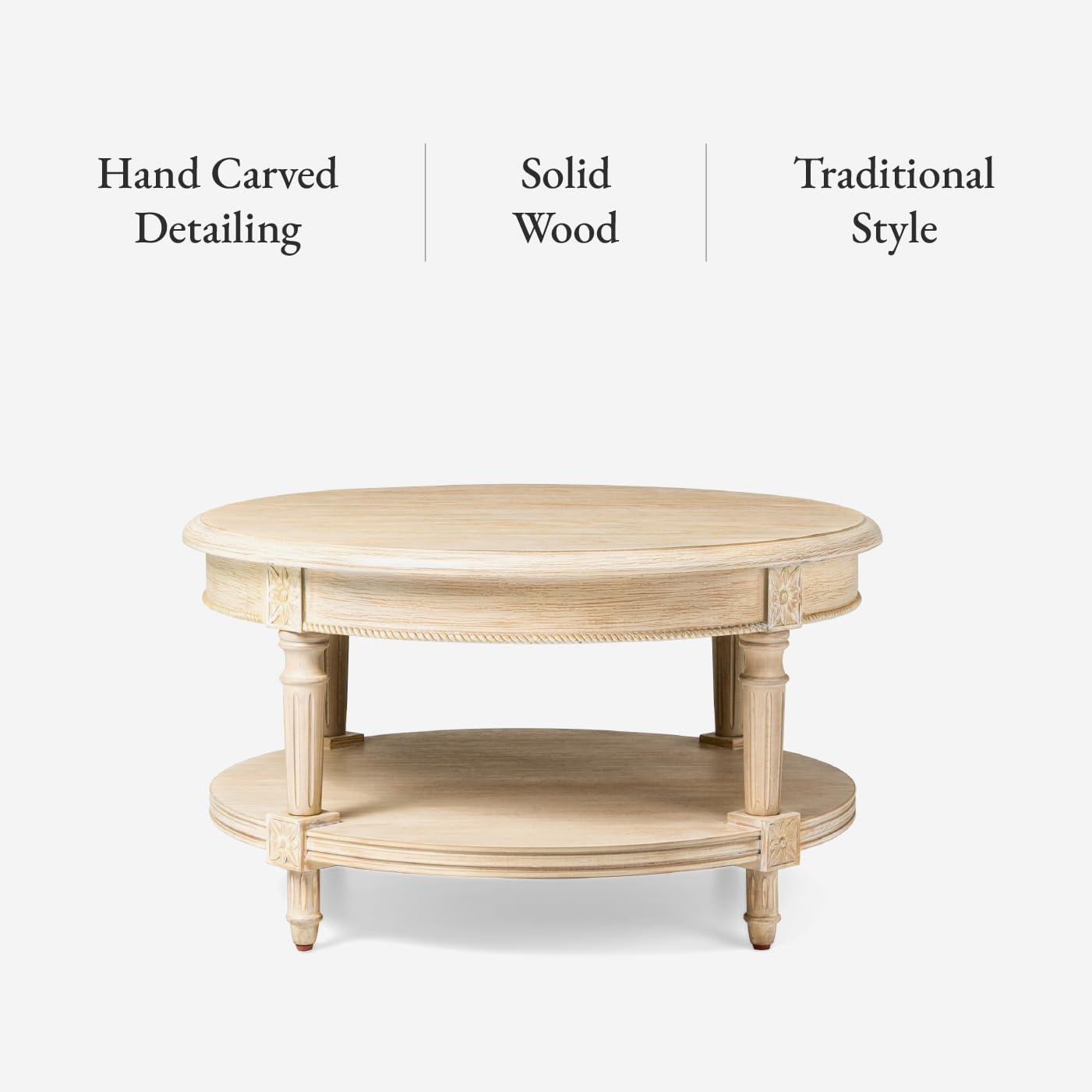 Maven Lane Maven Lane Pullman Traditional Round Wooden Coffee Table In Antiqued White Finish