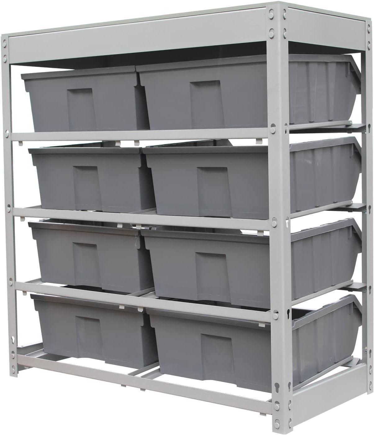Bin Rack, Shelving Unit with Durable Construction for Easy Organization of Parts and Tools, Boltless Steel Storage System Organizer with 8 Plastic Bins in 4 tiers, Use in Store, Garage,Grey