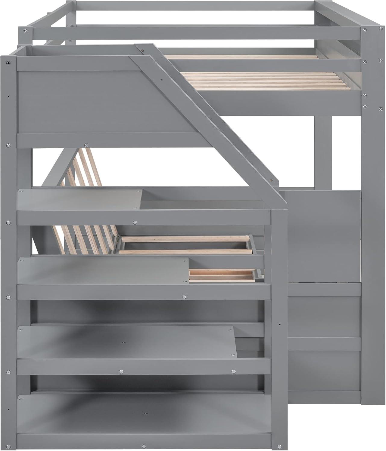 Harper & Bright Designs Full Over Full/Futon Bunk Beds with Stairs and 3 Drawers, Built-in Shelf, Bottom Bed can be Converted into Daybed, Solid Wood Bunk Bed Frame - Gray