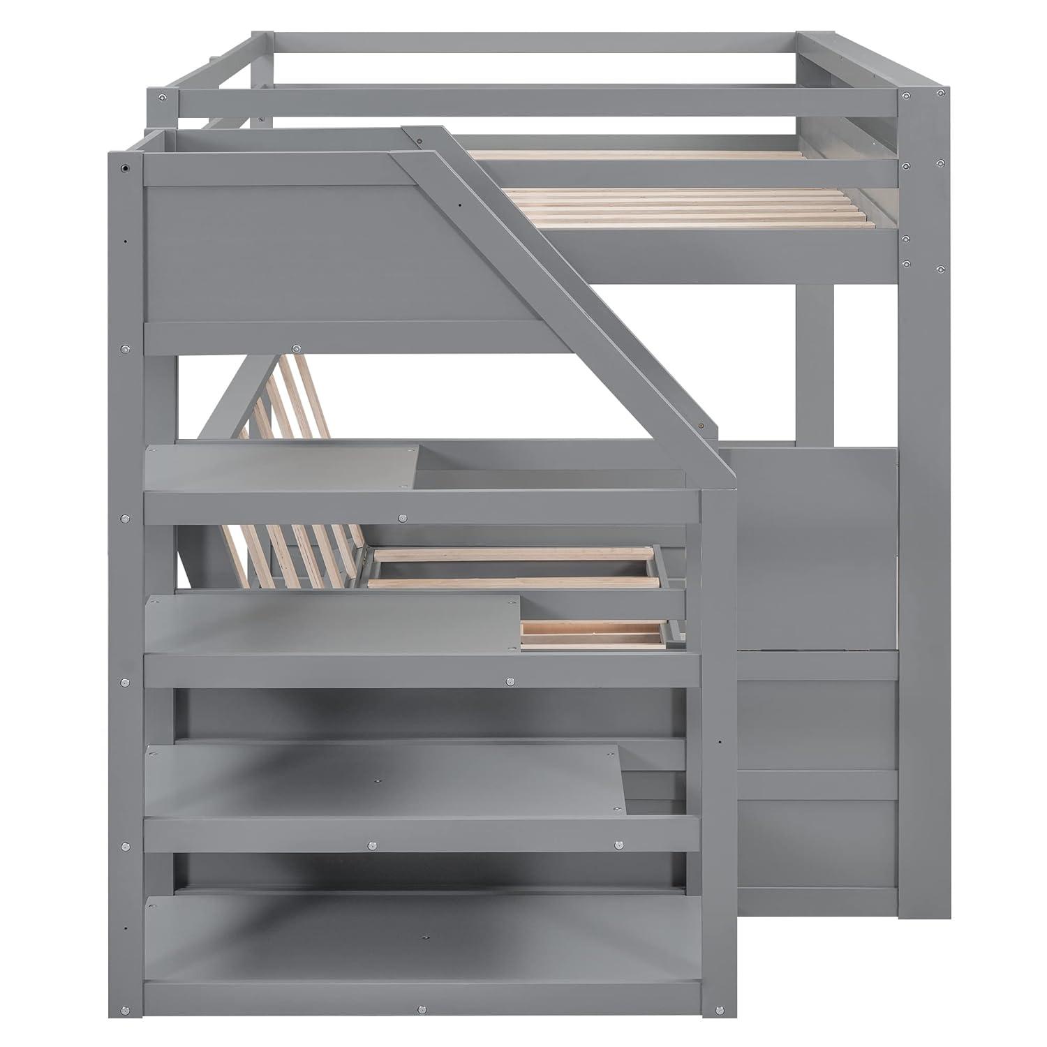 Harper & Bright Designs Full Over Full Bunk Beds with Stairs and Small Shelf, Wood Convertible Bunk Bed can be Converted into Daybed (Gray)