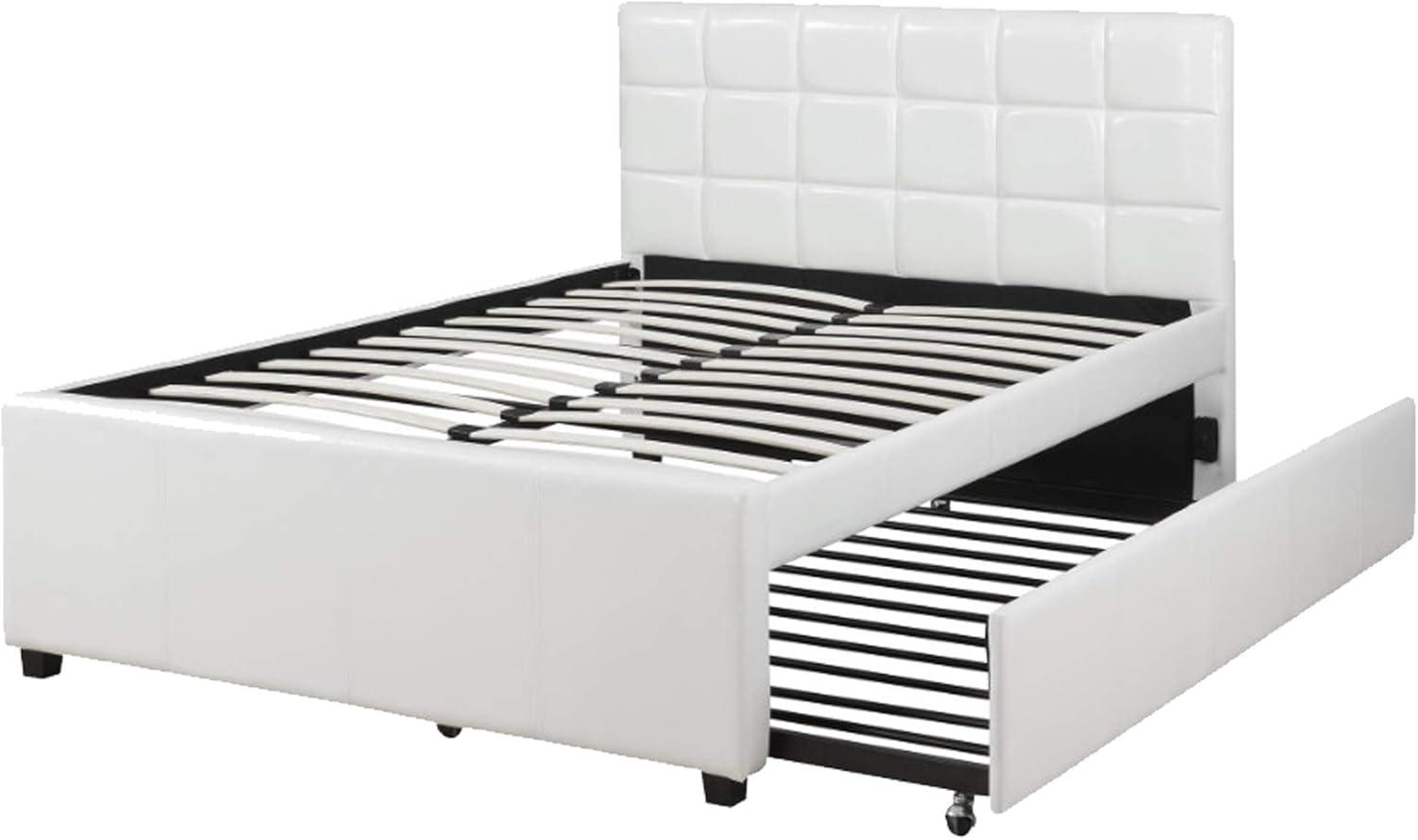 Gracious Wooden Full Bed With Trundle And SQU Tufted HB, White
