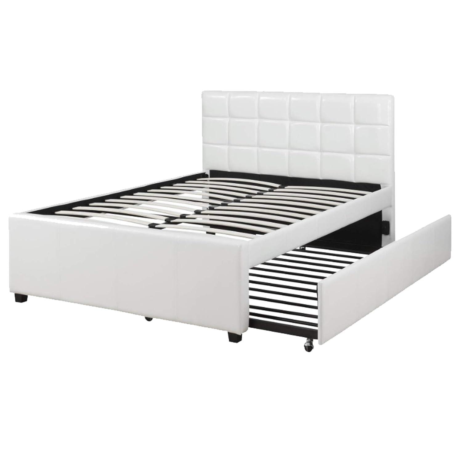 Gracious Wooden Full Bed With Trundle And SQU Tufted HB, White