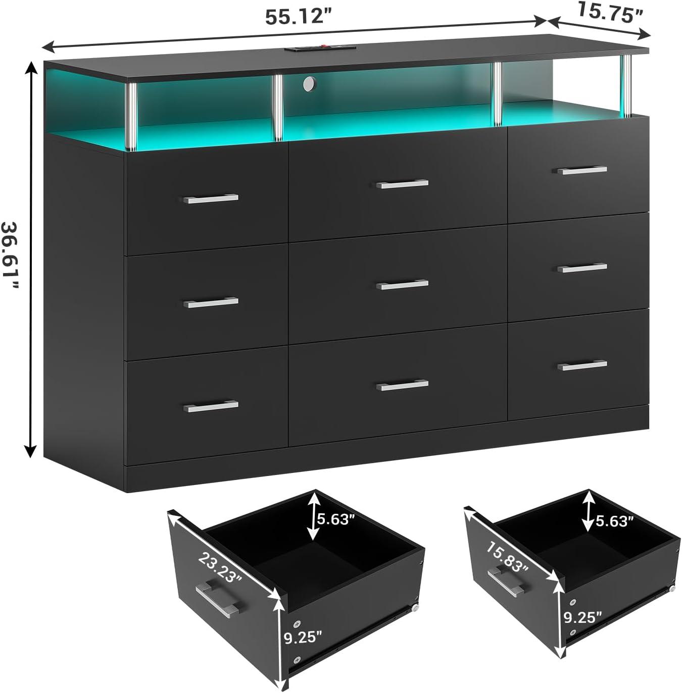 Modern Black 9-Drawer Dresser with LED and Charging Station