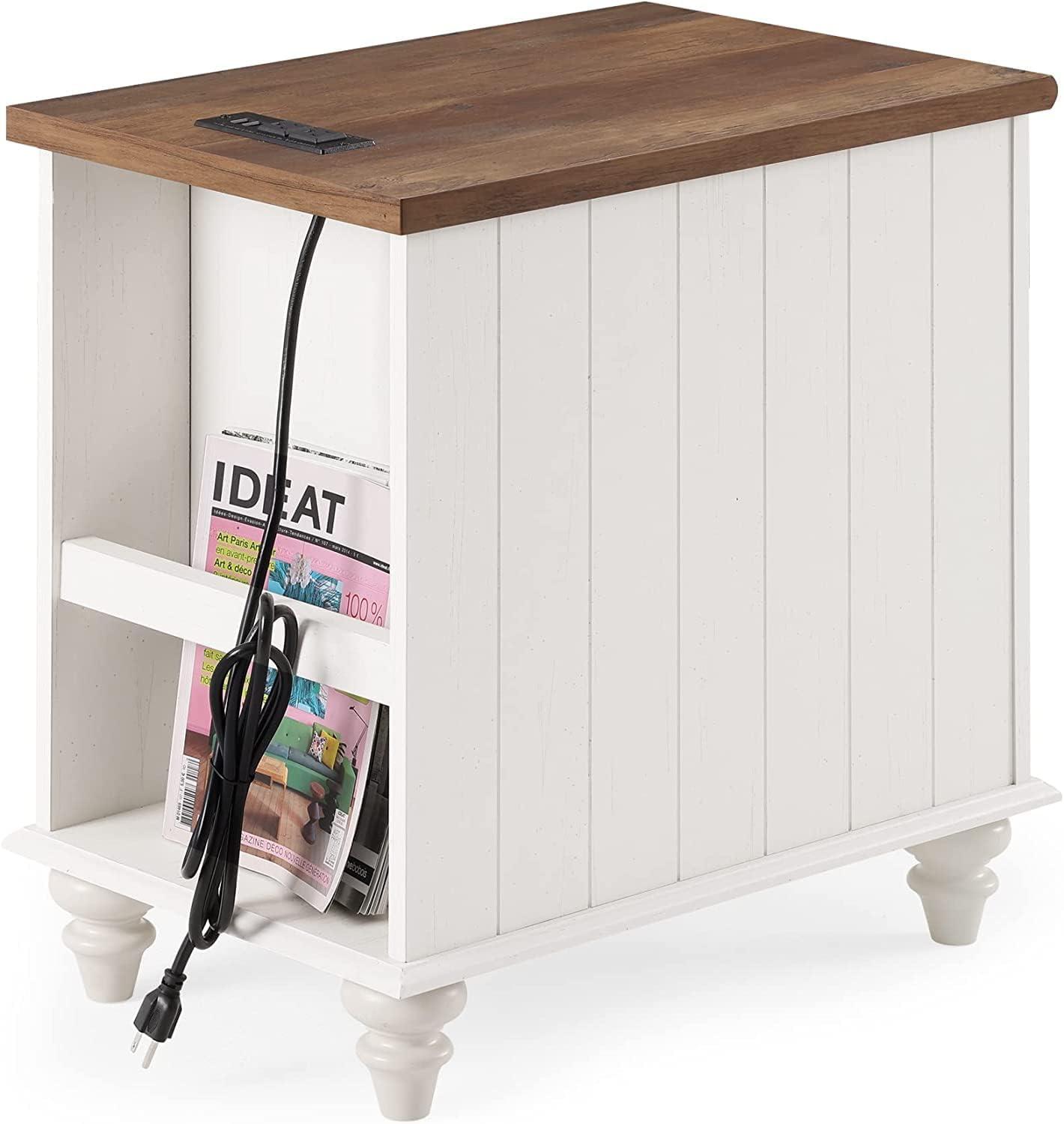 WAMPAT 2 Pack End Tables with Charging Station, Farmhouse Side Table with Drawer & Storage Cabinet, White Nightstand with Power Outlets & USB Ports for Living Room, Bedroom