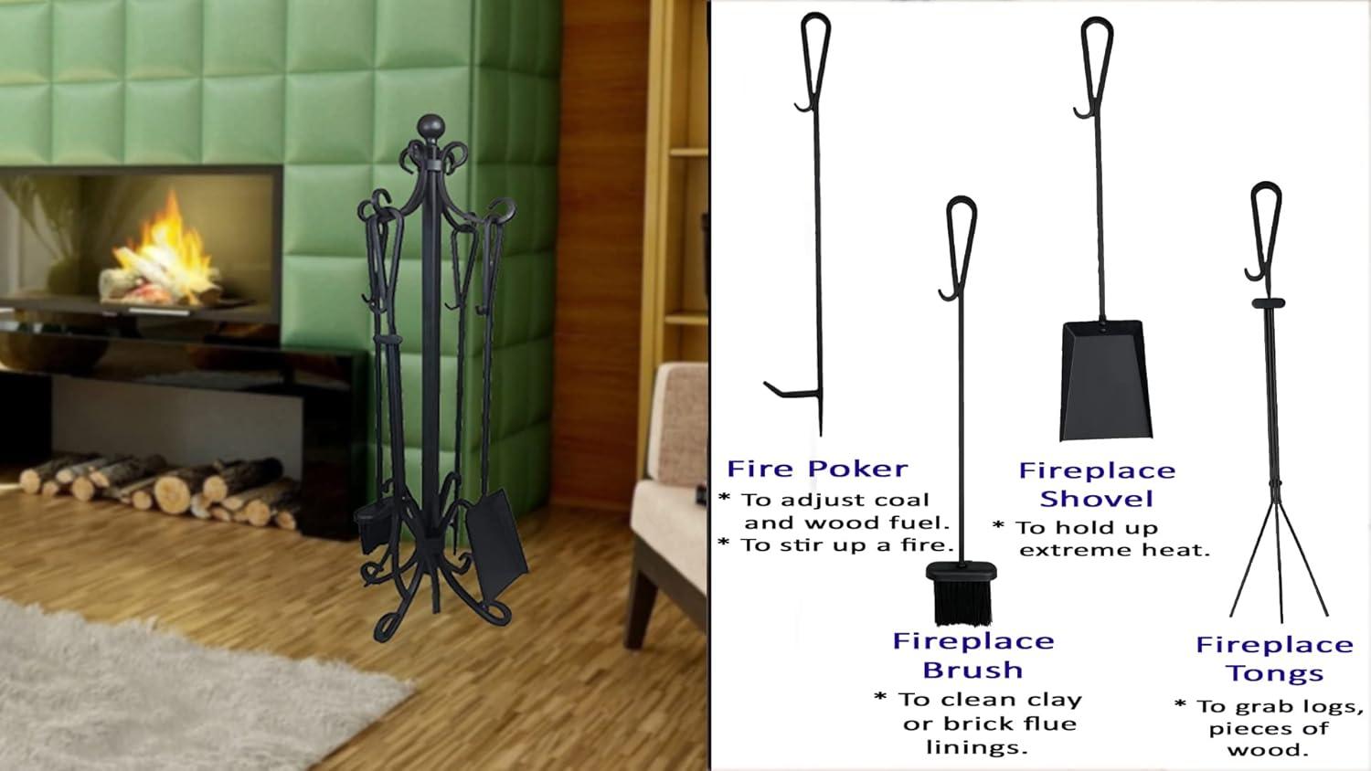 Black Cast Iron 5-Piece Fireplace Toolset with Stand