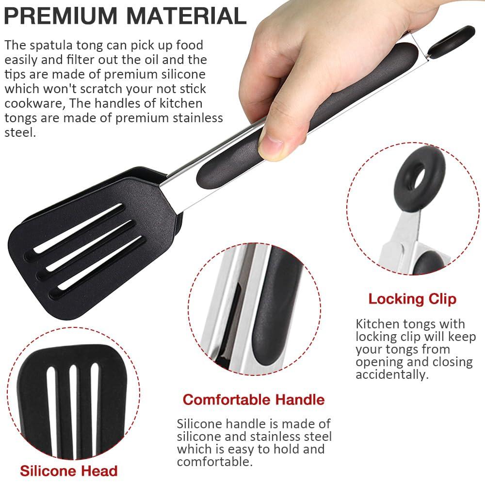 9 Inch Small Kitchen Tongs Set of 3, Silicone Cooking Tongs with Silicone Tips and Stainless Steel Handle, Tongs for Cooking, Serving