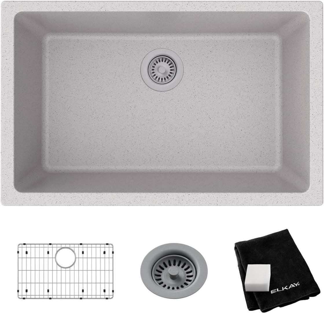 Elkay Quartz Classic 29-1/2" x 18-3/4" x 9-1/2", Single Bowl Undermount Sink Kit, Graphite