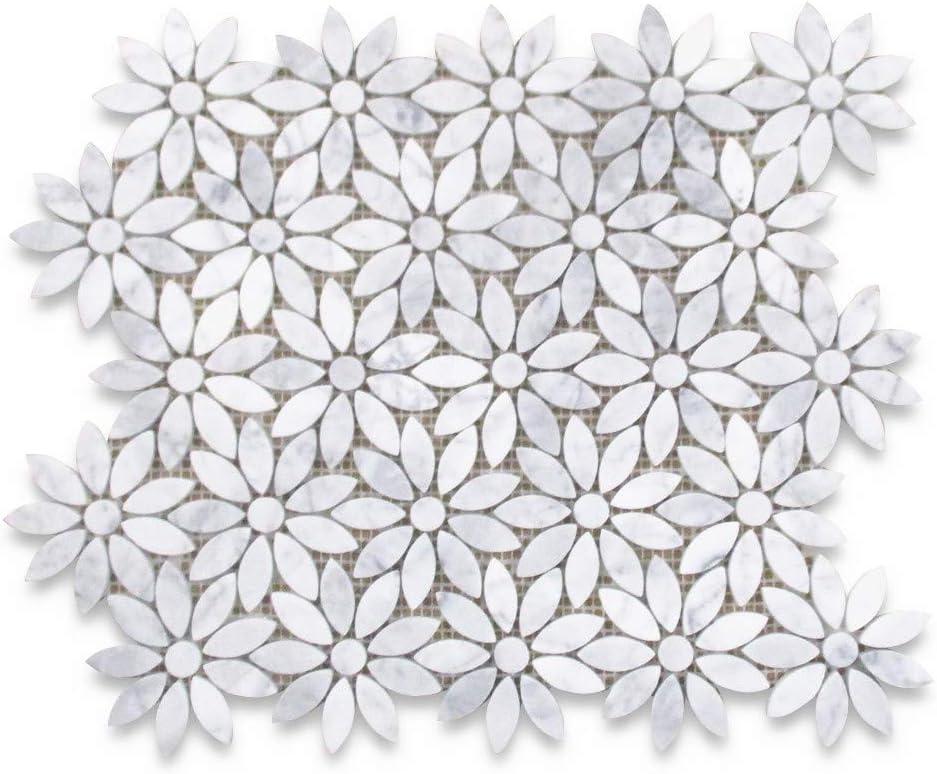 Carrara White Marble Daisy Flower Mosaic Tile Sheet