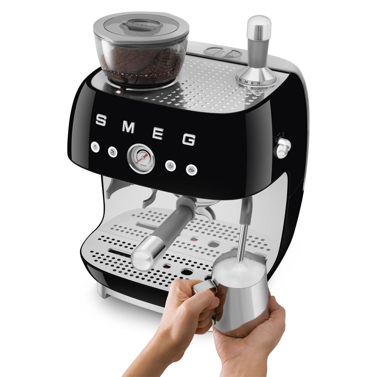 SMEG Black Semi-Automatic Coffee and Espresso Machine with Milk Frother