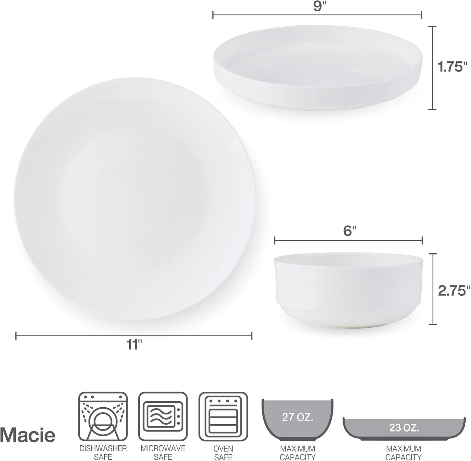 White Porcelain 12-Piece Round Dinnerware Set, Service for 4