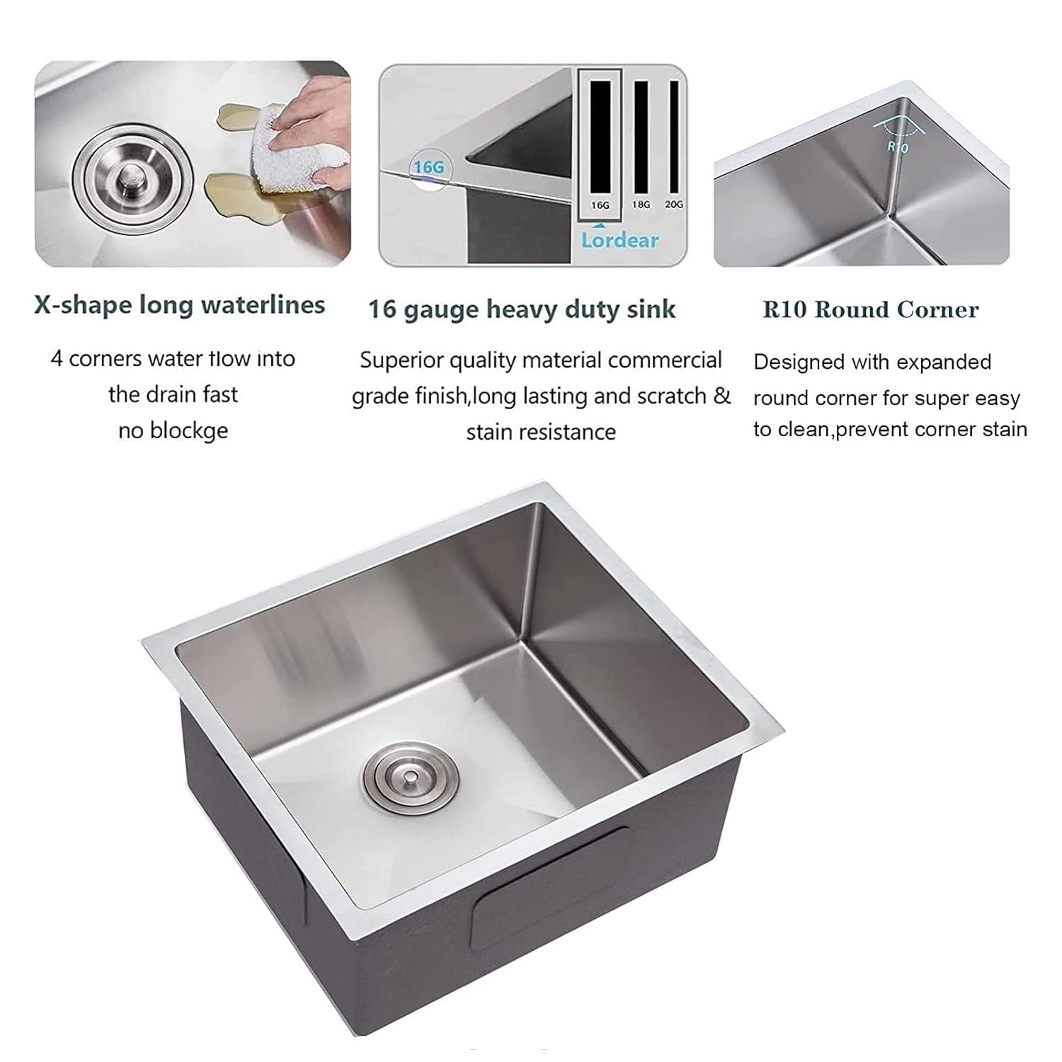 Lordear Undermount Kitchen Sinks 23 inch Small Undermount Bar Sink,16-Gauge Stainless Steel Single Bowl Bar Prep Kitchen Sink One Basin 23x18x10 Inch Handmade