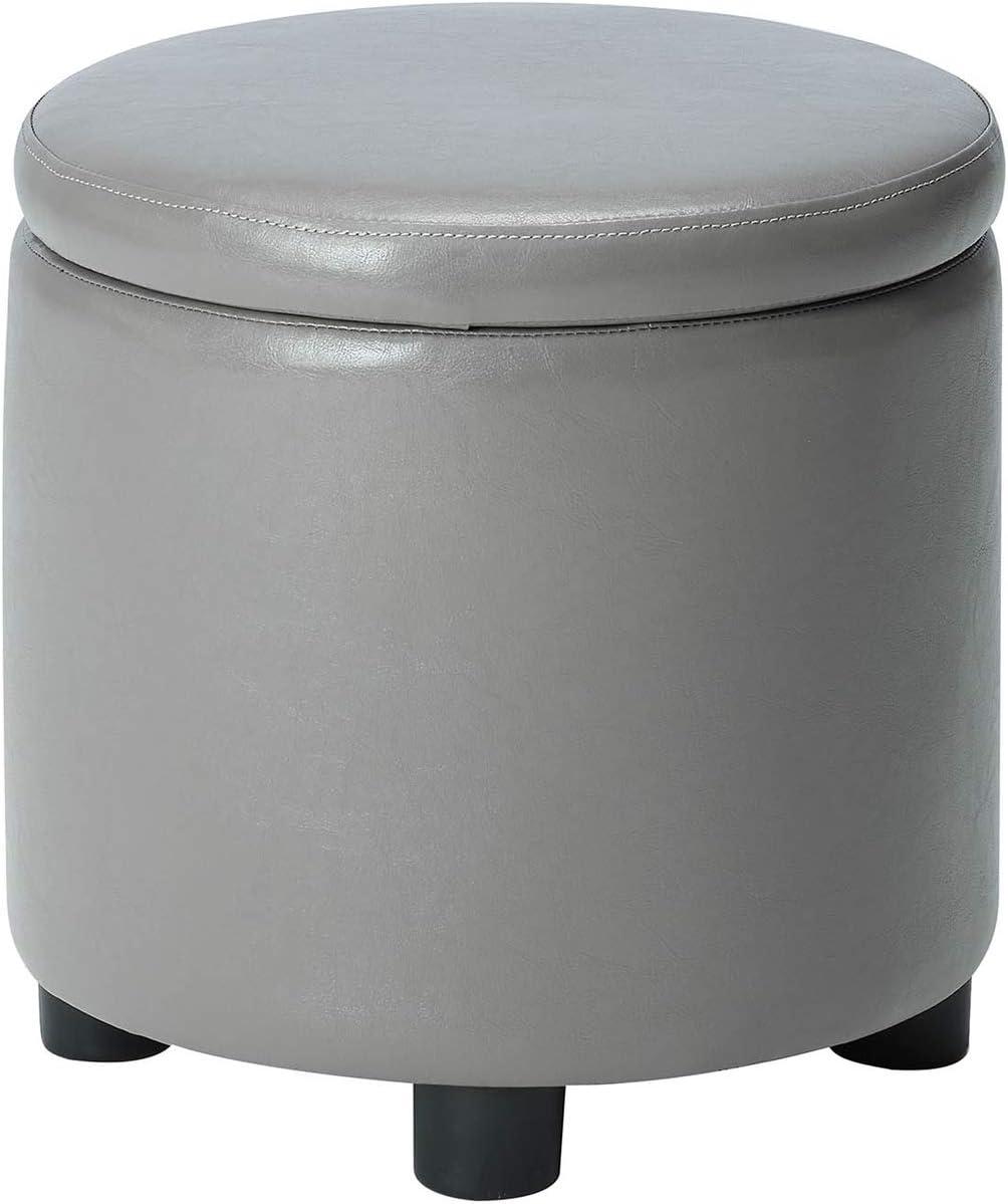 Designs4Comfort Round Accent Storage Ottoman with Reversible Tray Lid, Taupe Gray Faux Leather