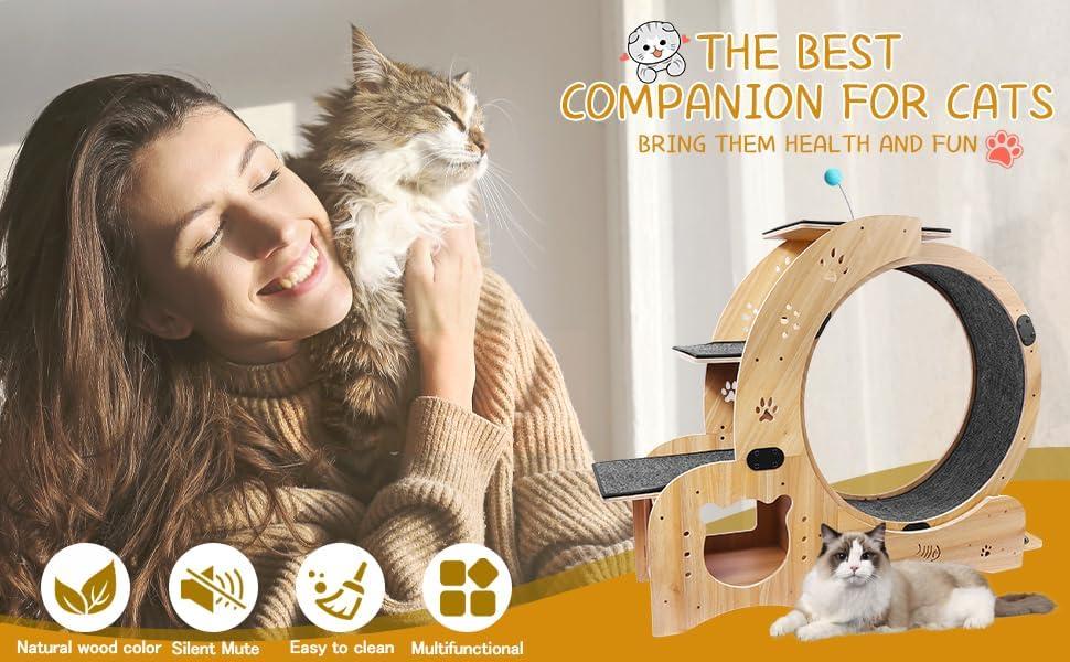 CuisinSmart Cat Running Wheel Nature Wood Kitty Large Wooden Running Wheel Pet Toy Cats Loss Weight Device Cat Rotating Wheel 4 in 1 Ultra Quiet Large Cat Wheel Exercise Treadmill