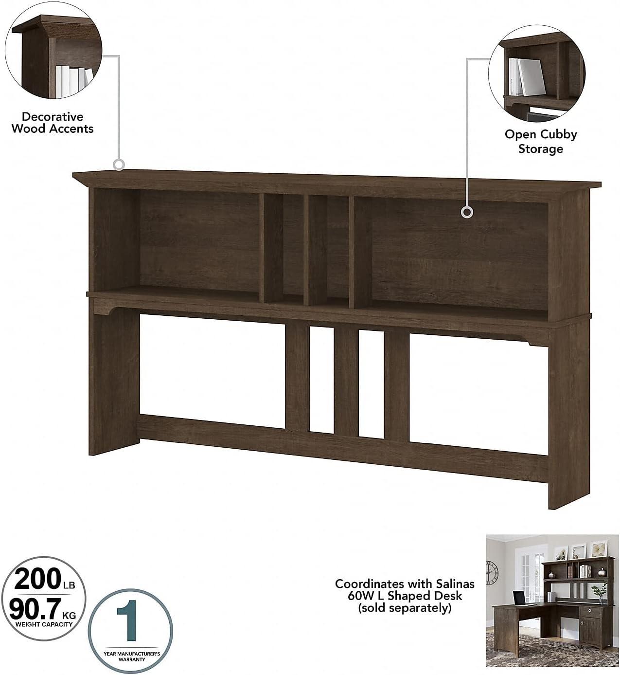 Bush Furniture Salinas Farmhouse 60 in L Shape Desk with Hutch, Box Drawer and Storage Cabinet in Ash Brown (Ships in 2 boxes)