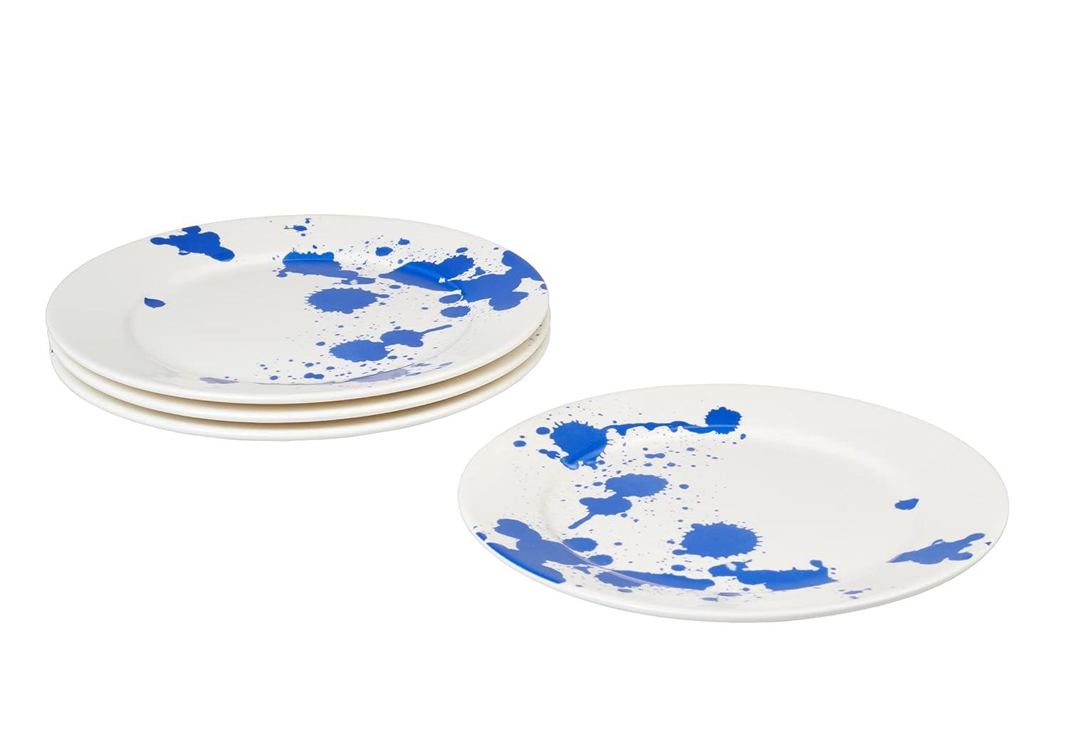 Servappetit Set of 4, 11" Dinner Plates, White With Splash of Blue, Oven, Microwave & Dishwasher Safe