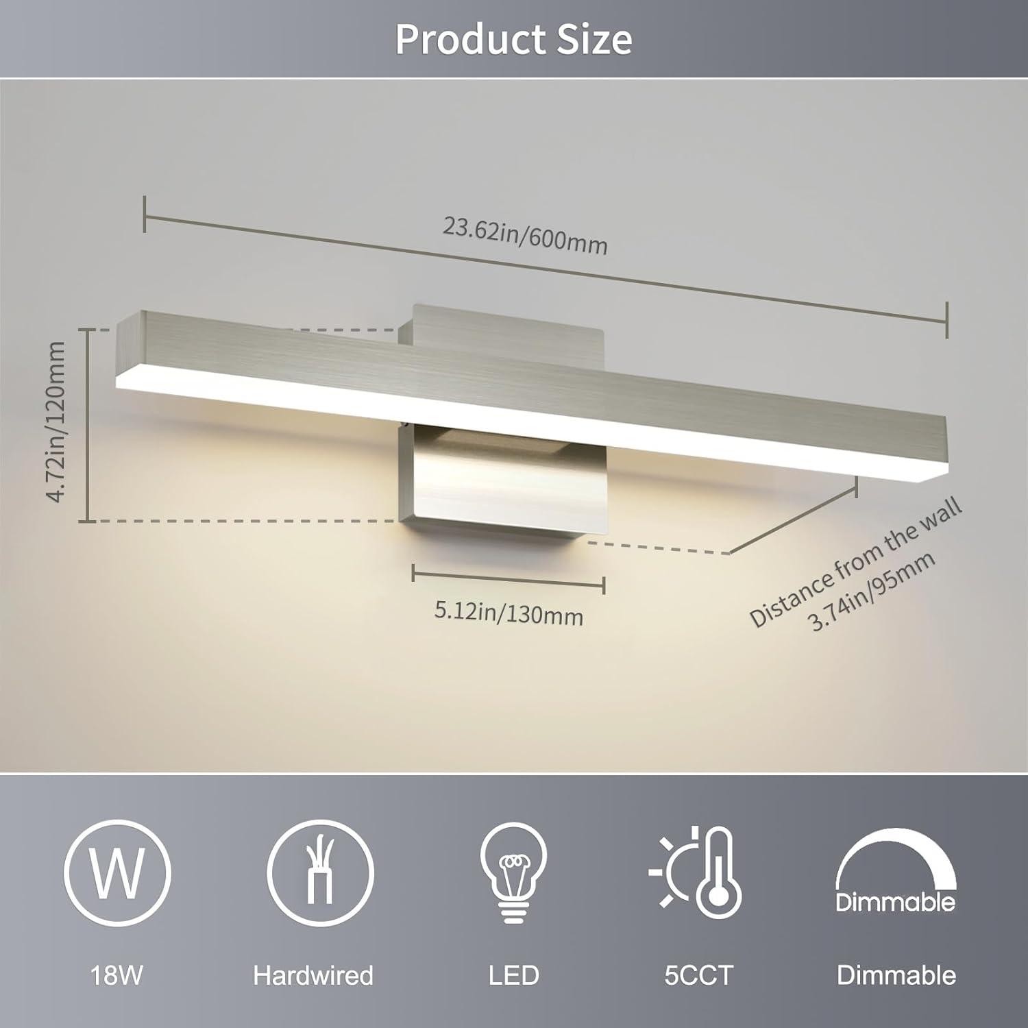 Bathroom Vanity Light Brushed Nickel Bathroom Light Fixtures Over Mirror 23.62 inch 5CCT Dimmable Modern Bathroom Lights Bar LED Vanity Lighting ETL Certificated