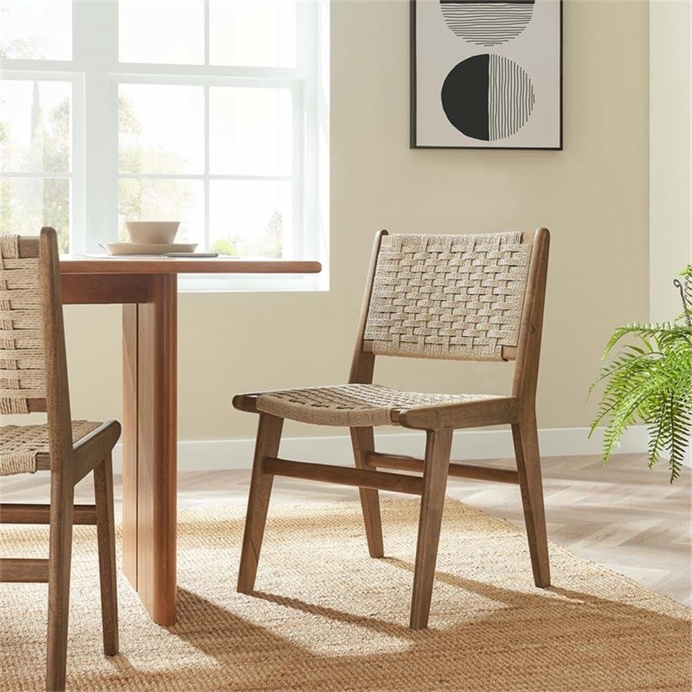 Walnut Natural Woven Rope Upholstered Side Chair Set