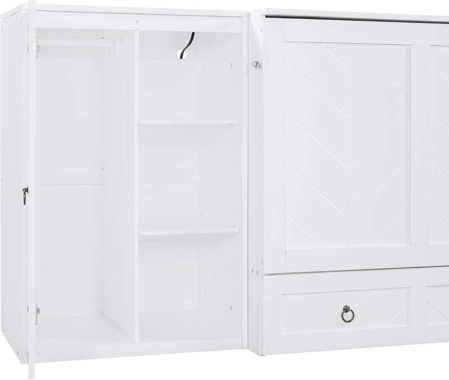 Queen Size Murphy Bed Wall Bed, Solid Pine Murphy Bed Chest Cube Cabinet Bed with USB, Charging Station, Bookshelves and Storage Wardrobes and Drawers for Home Office or Small Room-White
