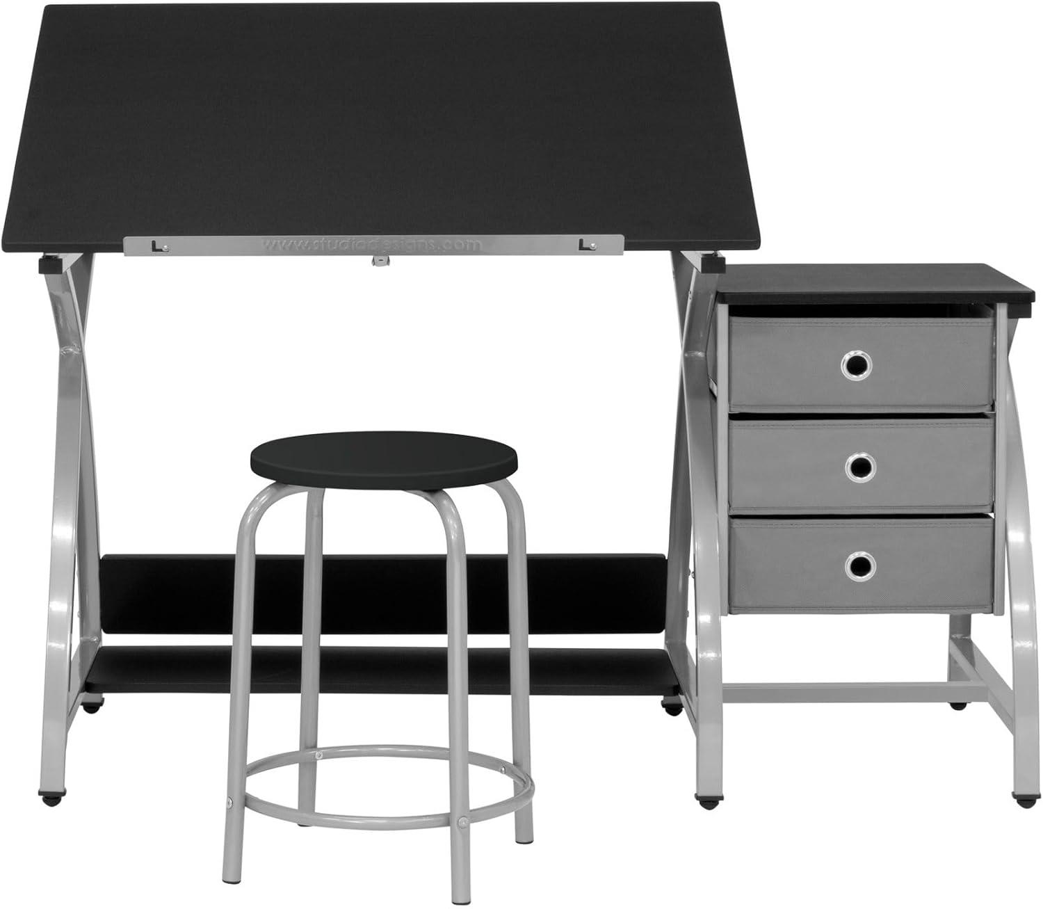 Comet Art & Craft Workstation with Storage and Padded Stool, Silver & Black