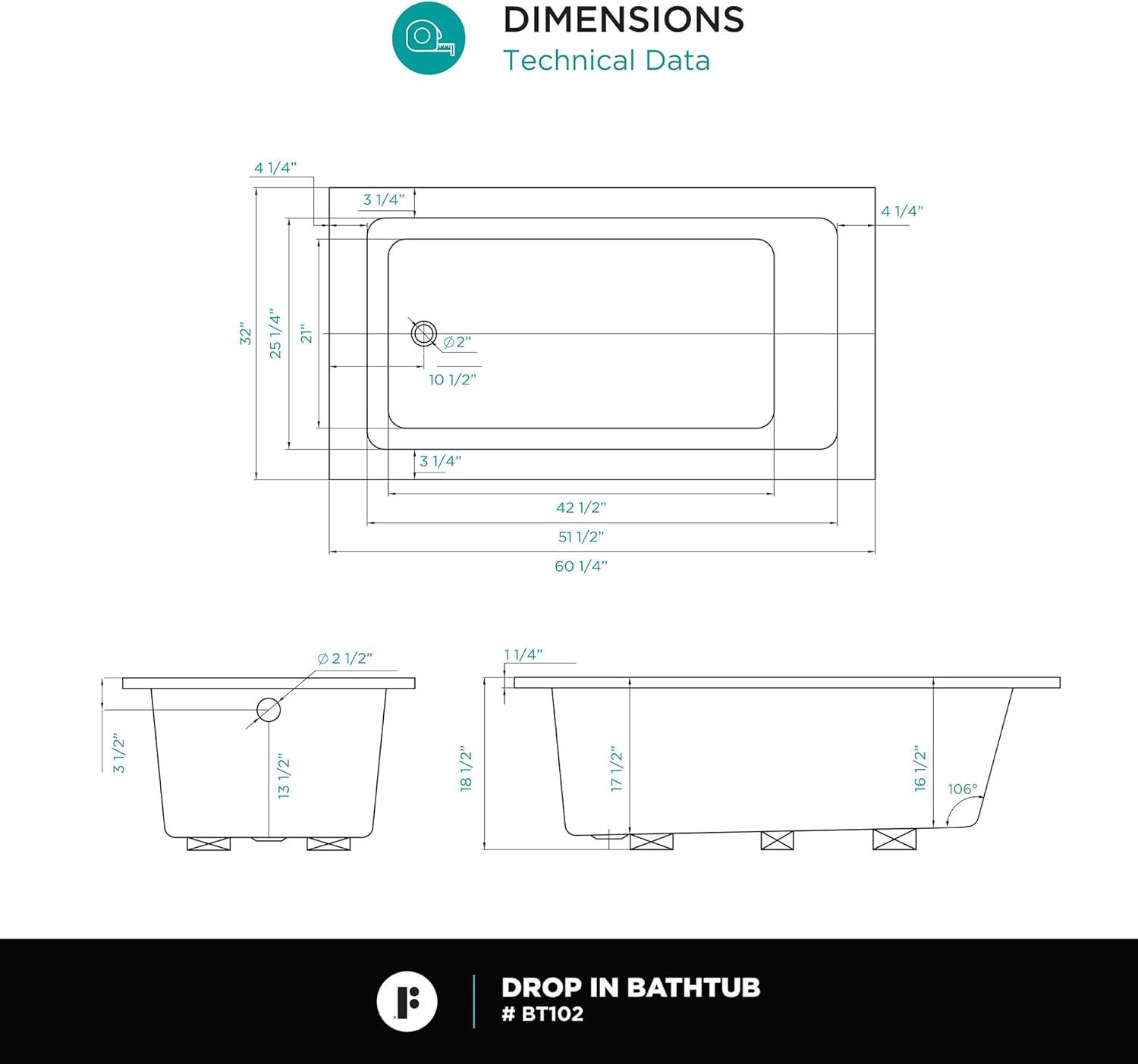 Modern White Acrylic Drop-In Soaking Bathtub, 60" x 32"