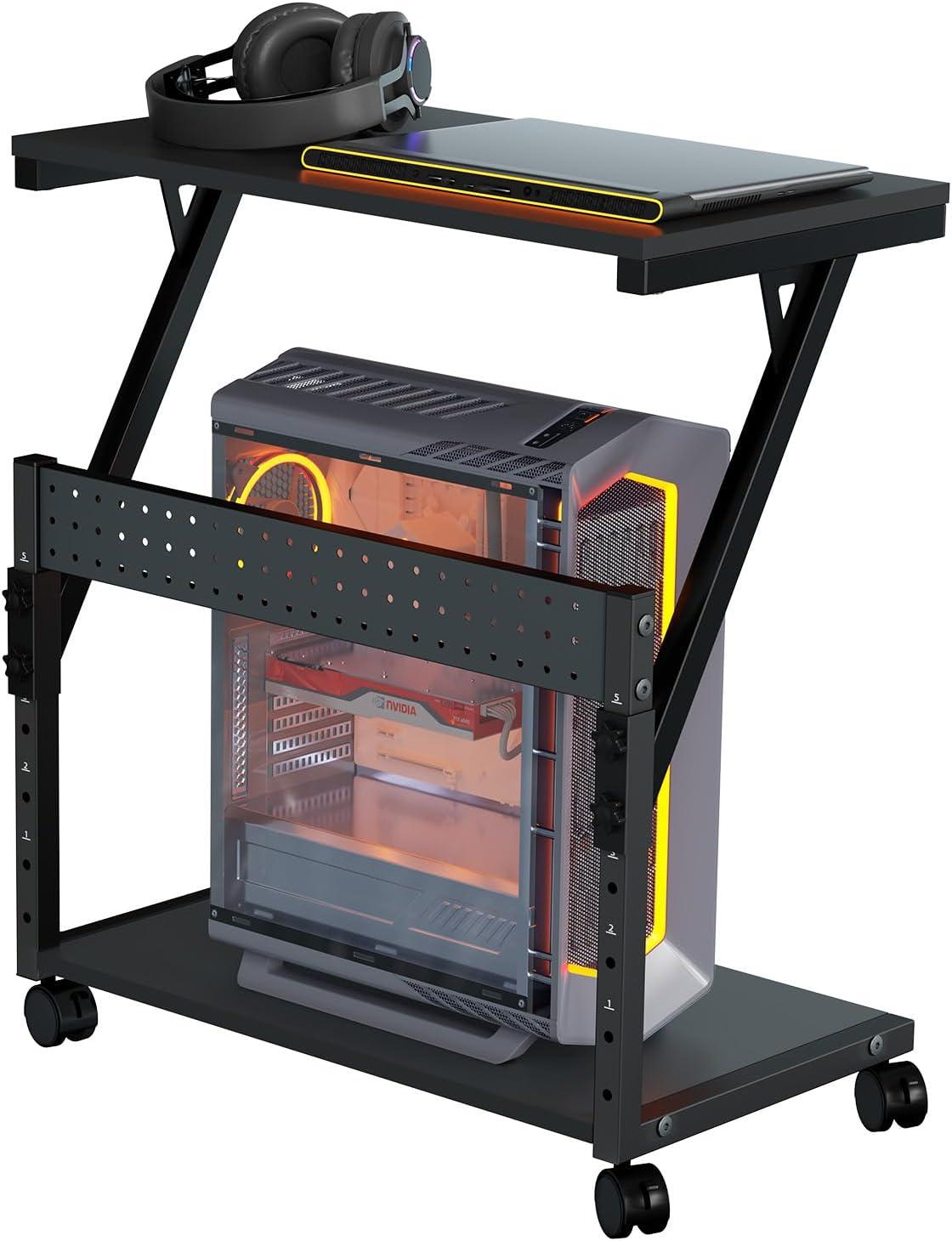 Computer Tower Cart - Height Adjustable PC Stand, 2-Tier ATX-Case CPU Holder Home Office Gaming Desk Accessories with Rolling Lockable Wheels, Laptop Table Standing Computer Desk, Rustic Black