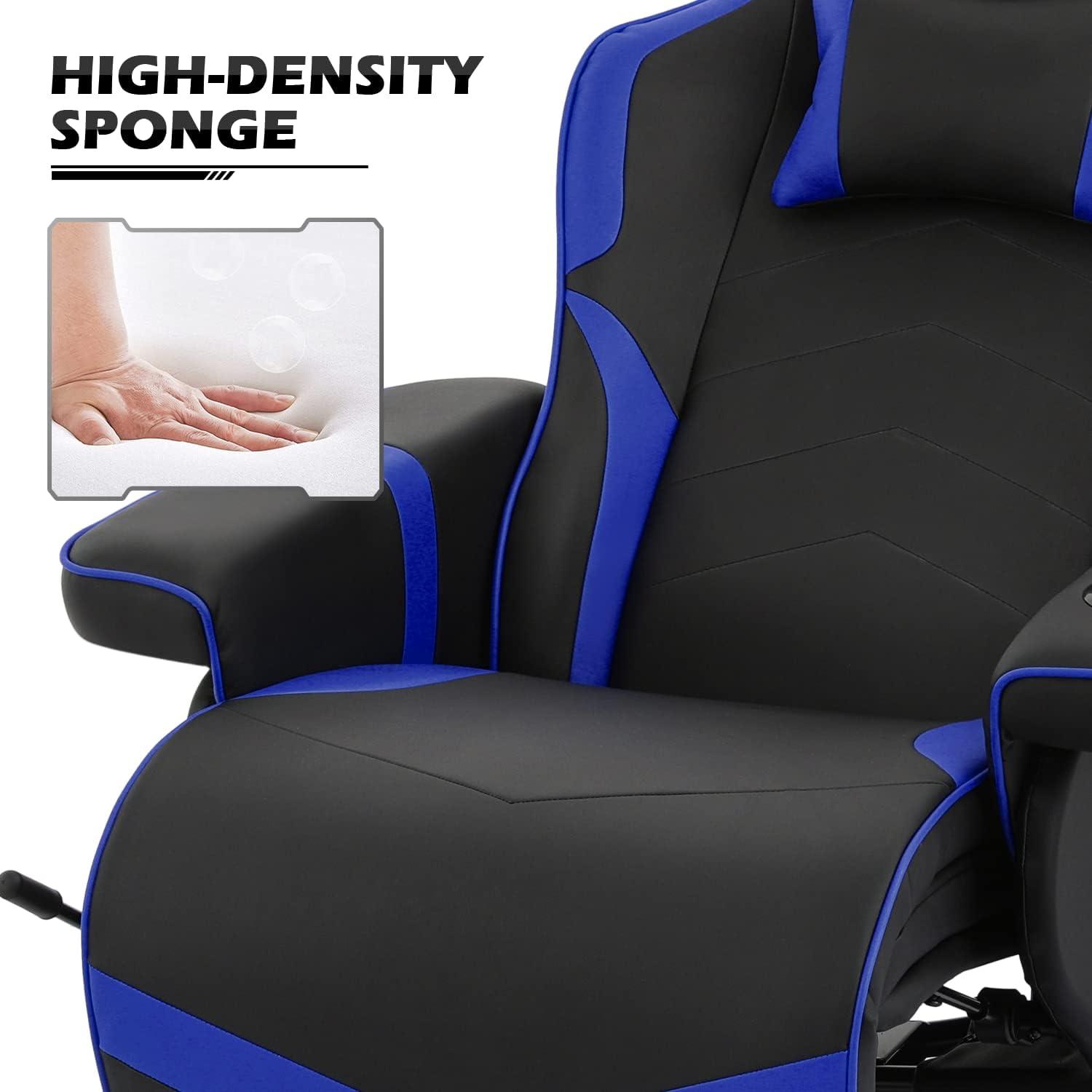 MoNiBloom Video Gaming Chair Ergonomic Recliner Racing Chair, High Back Swivel Chair with Adjustable Footrest and Backrest, Headrest and Cup Holder, Blue