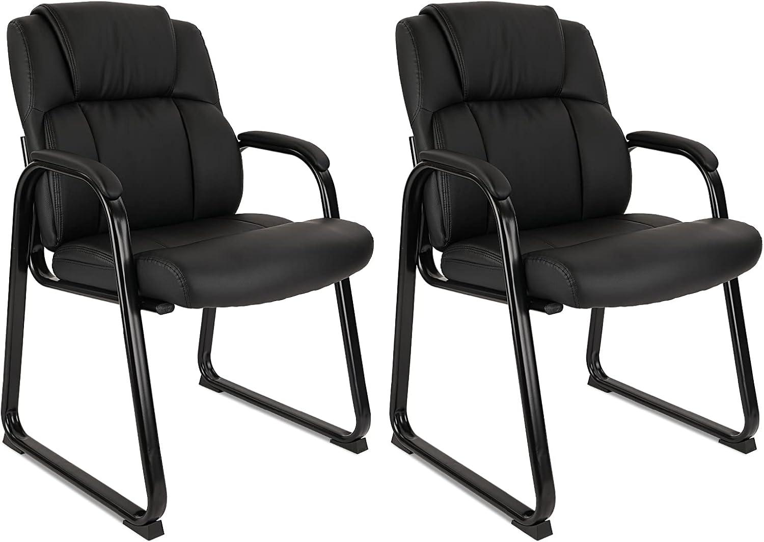 Black Leather and Metal Guest Chair with Padded Arm Rest, 2 Pack