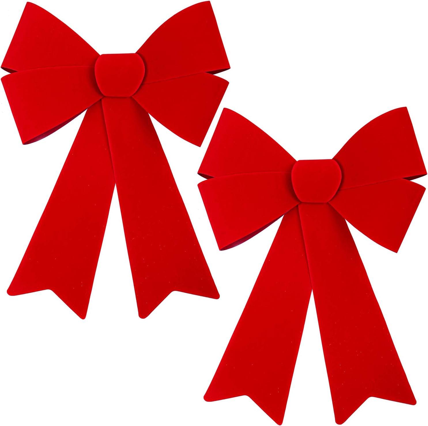 2 PCS Christmas Decorations, 12 x 18 Inches Large Christmas Bows, Red Velvet PVC Indoor Outdoor Christmas Tree Bows Wreath Bow Party Supplies Xmas Ornaments for Door Fireplace Stairs Railing Porch