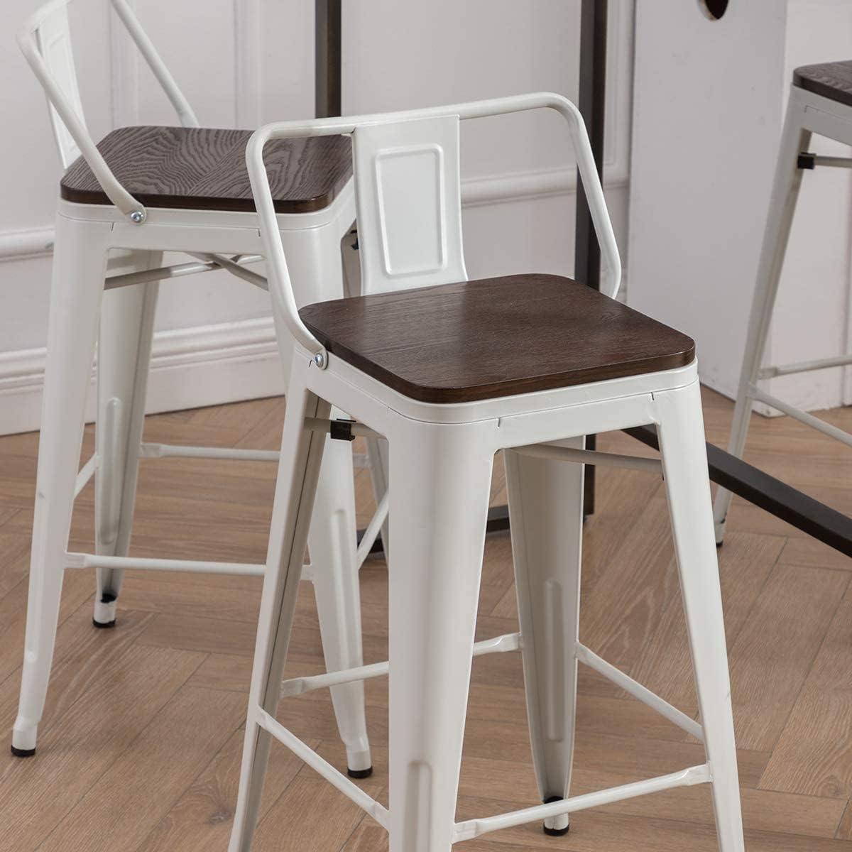 Cream White and Wood Saddle Style Swivel Bar Stools