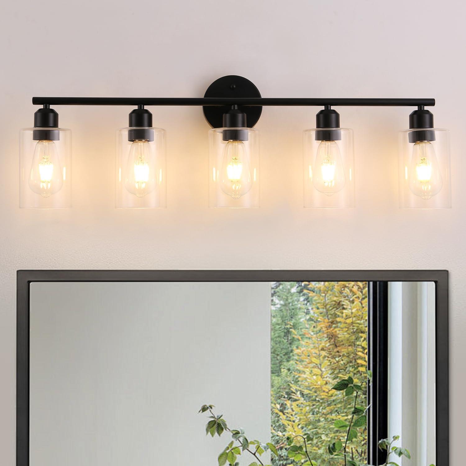 Matte Black 5-Light Bathroom Vanity Fixture with Glass Shades