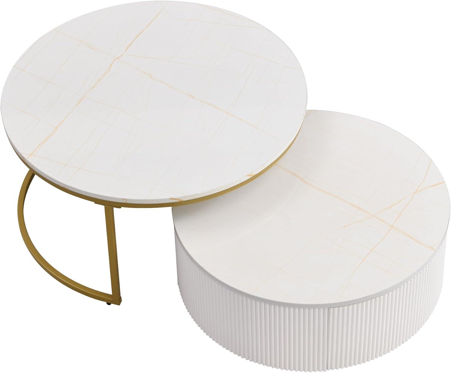 Modern Round Nesting Coffee Table Fluted with Drawer Multiple End Tables Utility Table Telephone Table for Living Room Office Bedroom Balcony, White & Gold