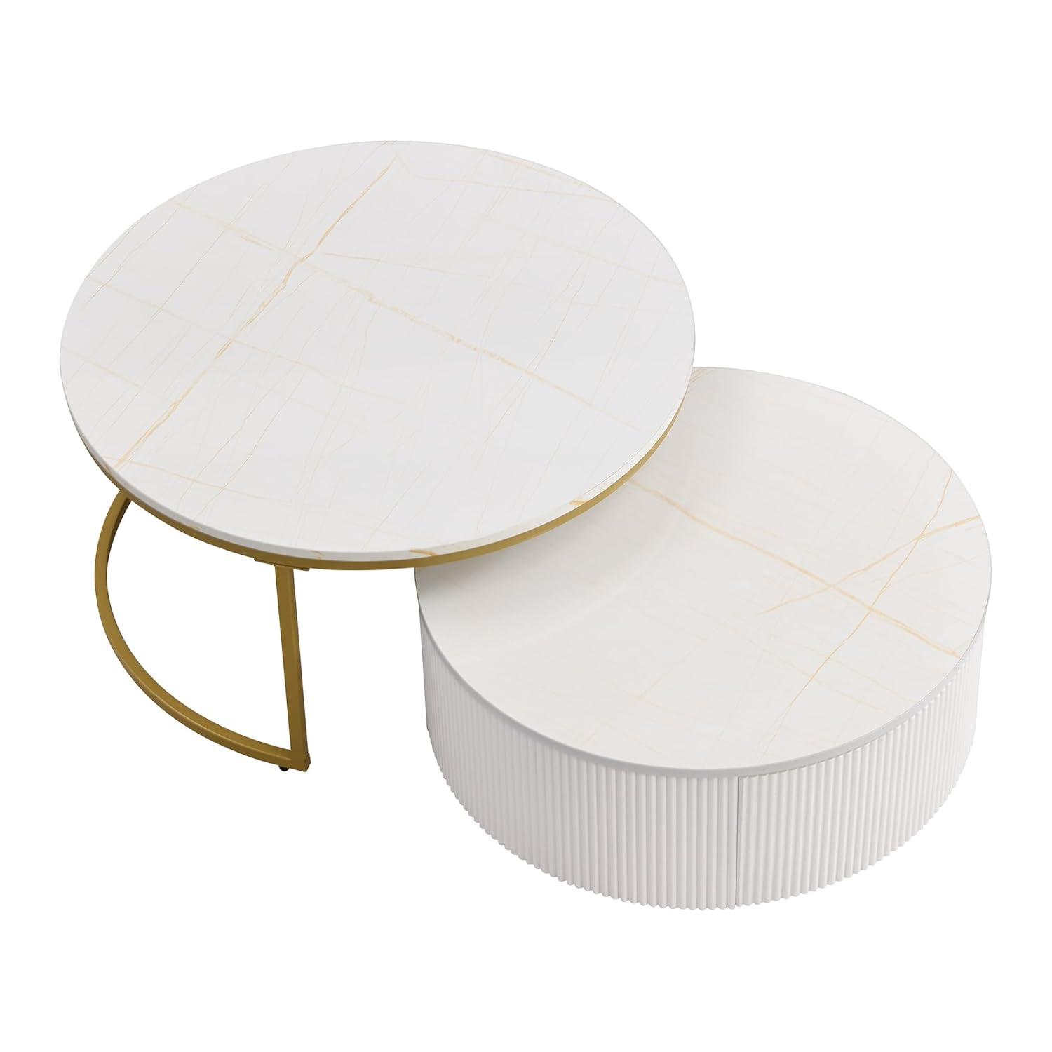 Modern Round Nesting Coffee Table Fluted with Drawer Multiple End Tables Utility Table Telephone Table for Living Room Office Bedroom Balcony, White & Gold