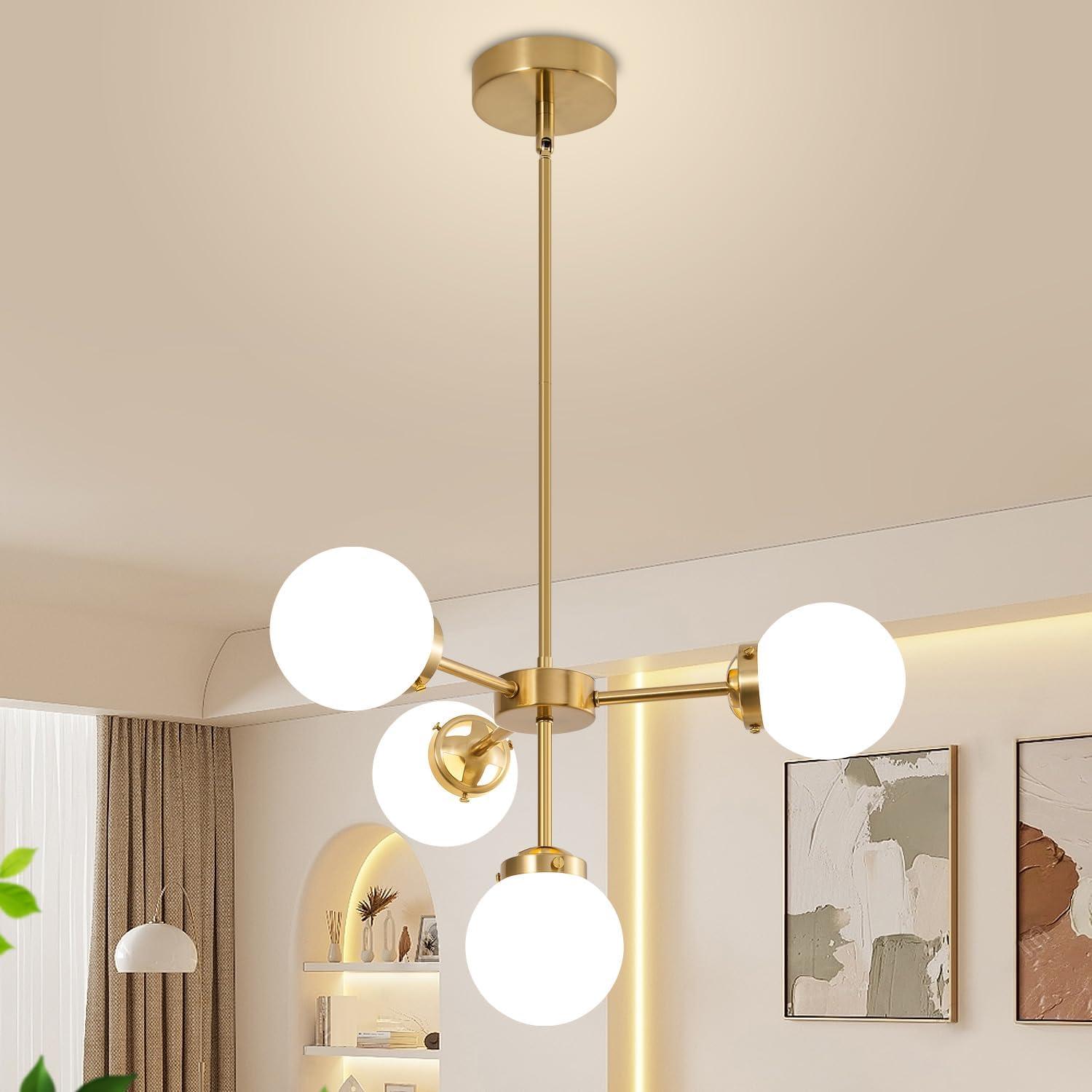 Gold Sputnik Chandelier 4-Light Globe Sputnik Ceiling Light Fixture Mid Century Sputnik Chandeliers with Milk Glass Shade