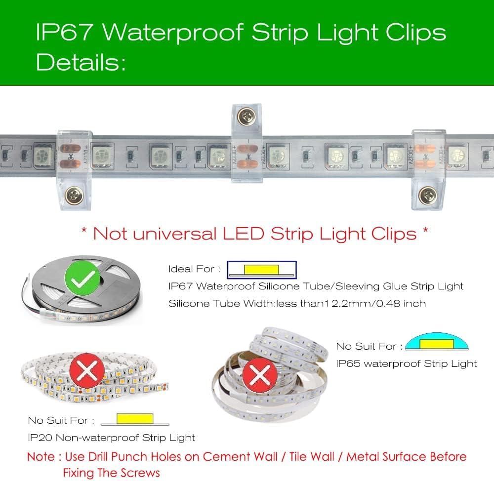 Outdoor LED Strip Light Mounting Bracket Fixing Clips - 100 Pack with Screws, for Silicone Tube, IP67 Waterproof Strip