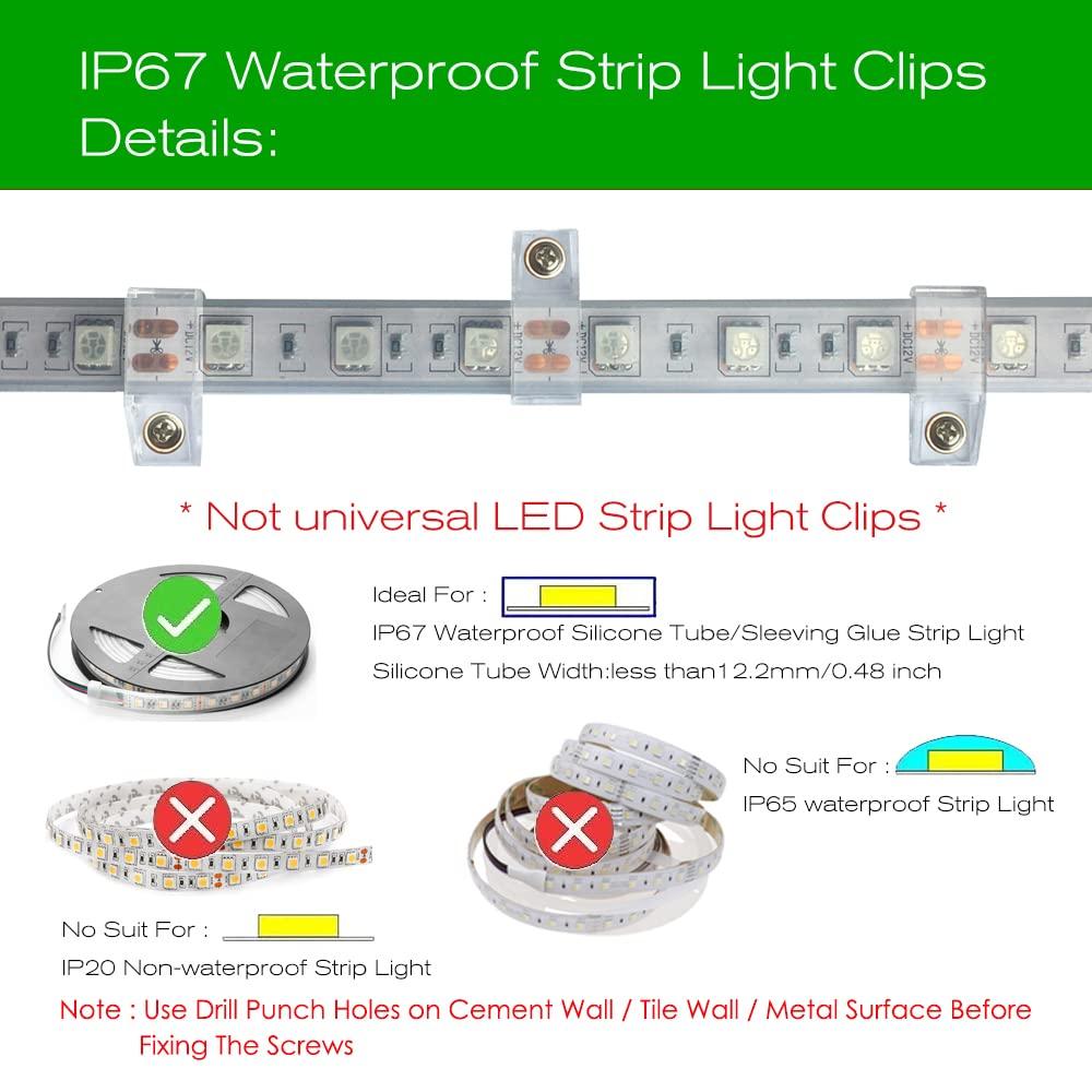 Outdoor LED Strip Light Mounting Bracket Fixing Clips - 100 Pack with Screws, for Silicone Tube, IP67 Waterproof Strip