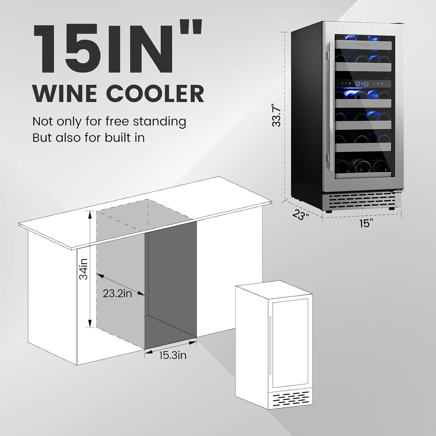 15'' Stainless Steel Dual Zone Wine Cooler with UV-Protected Glass Door