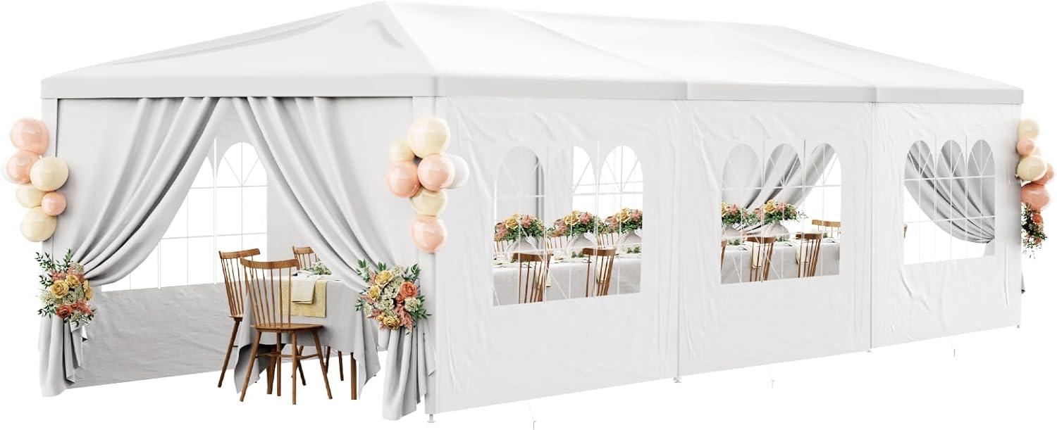 HomGarden 10x30FT Outdoor Gazebo Canopy Wedding Party Tent Shelter Pavilion W/ 8 Removable Sidewalls & Windows for Cater Events, White