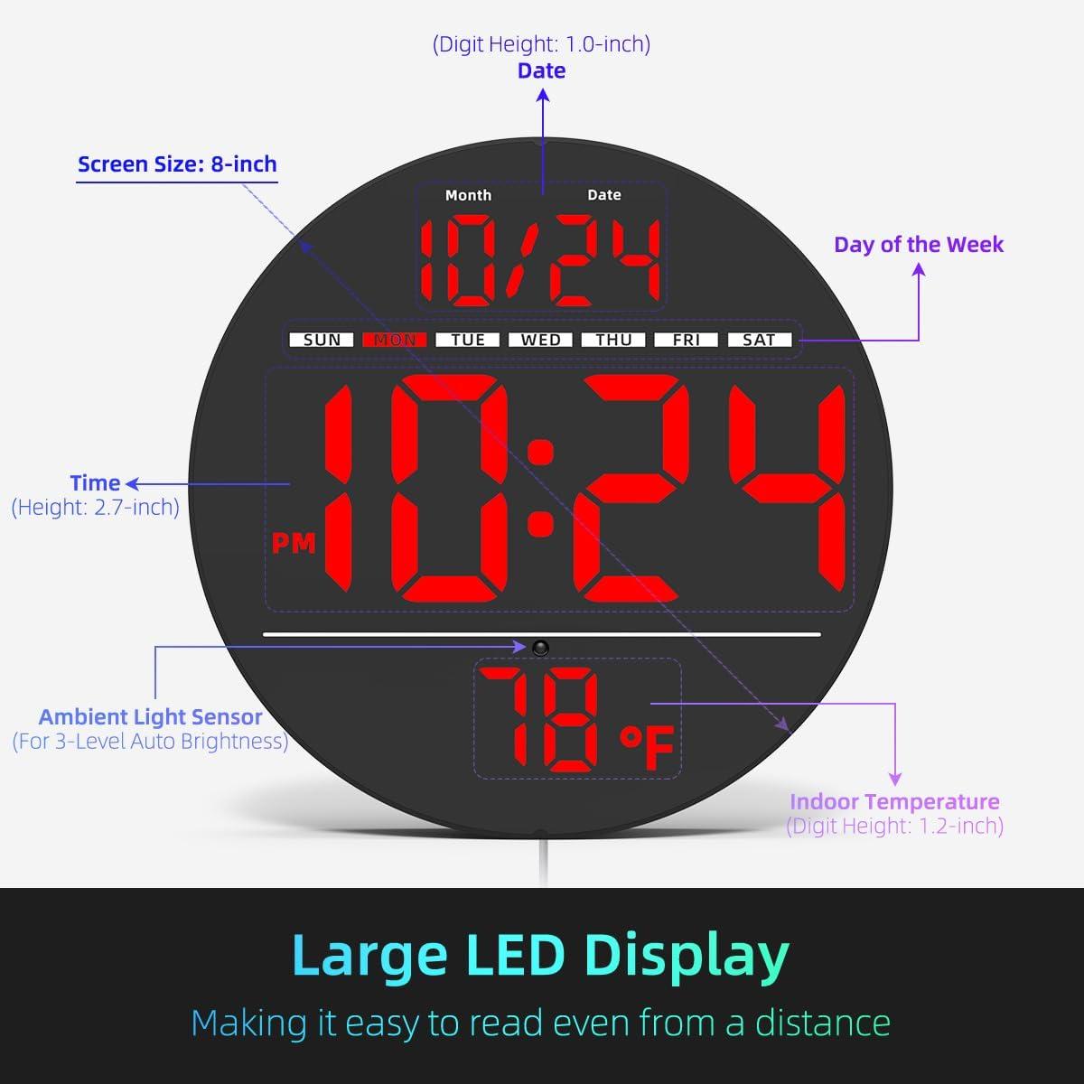 Large Black LED Digital Wall Clock with Temperature Display