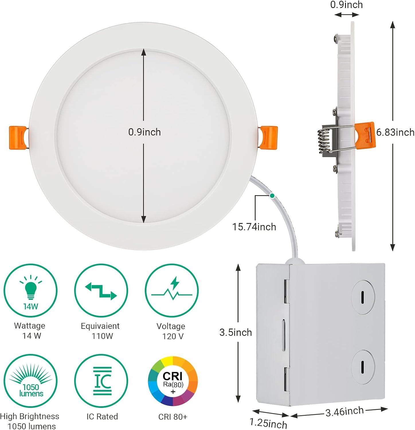 DAMINY 12 Pack 6 Inch LED Recessed Lighting with Junction Box,5Cct,Ultra-Thin Recessed Light,12W 1080Lm, Dimmable Canless Wafer Ceiling Light, High Brightness - ETL