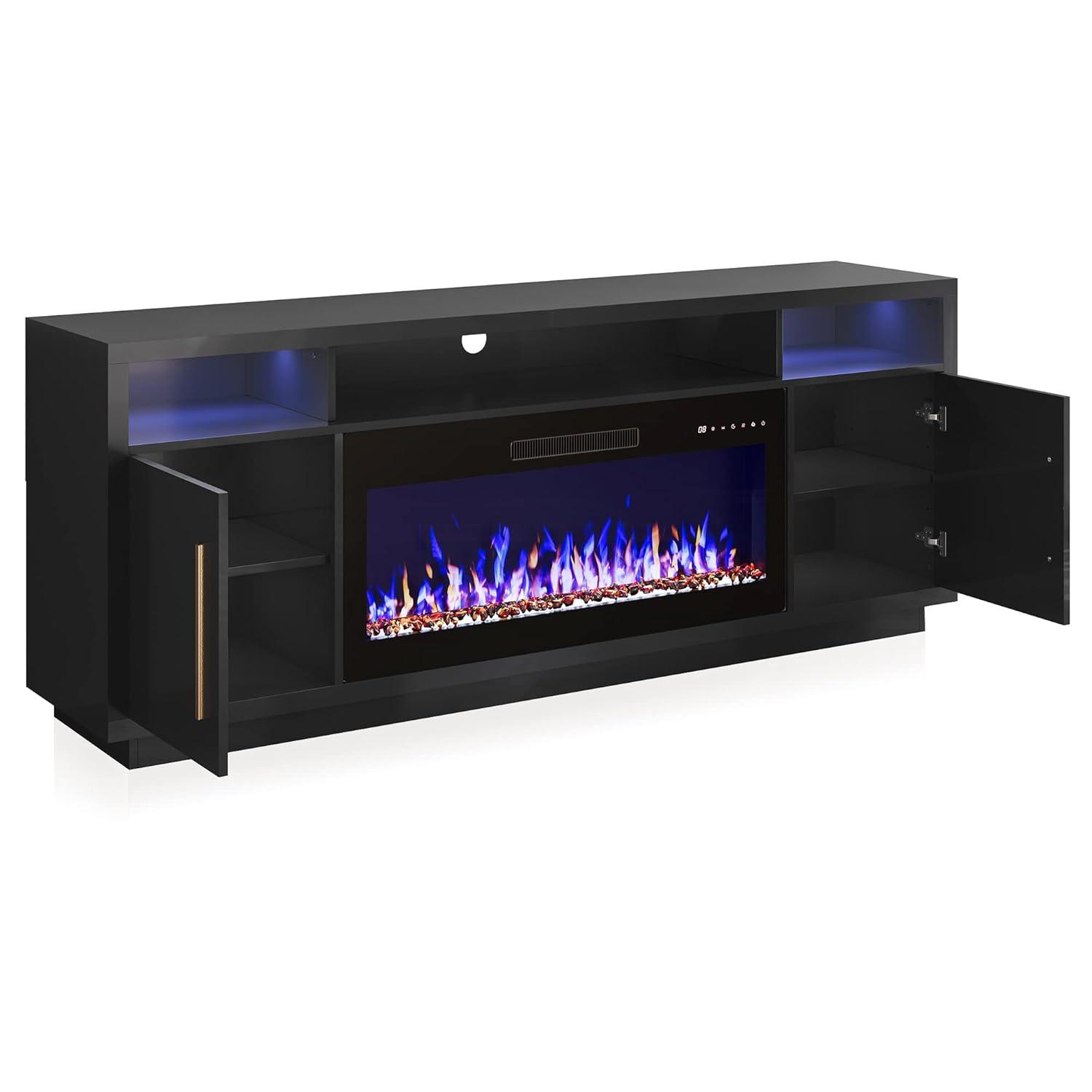 BELLEZE Fireplace TV Stand for TVs Up To 75", Entertainment Center with 36" Electric Fireplace, LED Ambient Lighting, and Storage, Media Console Table 69 Inch - Avenue (Black)