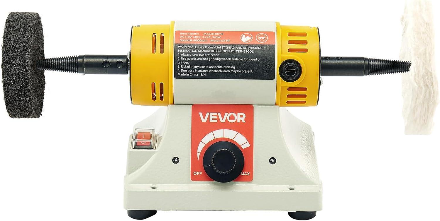 VEVOR Bench Buffer Polisher, 1/2HP Polishing Buffing Machine, 0 to 8000RPM Benchtop Polisher Grinder with 4" Cloth Wheel, 3" Grinding Wheel & 3" Fiber Wheel for Metal, Jewelry, Wood and Plastic