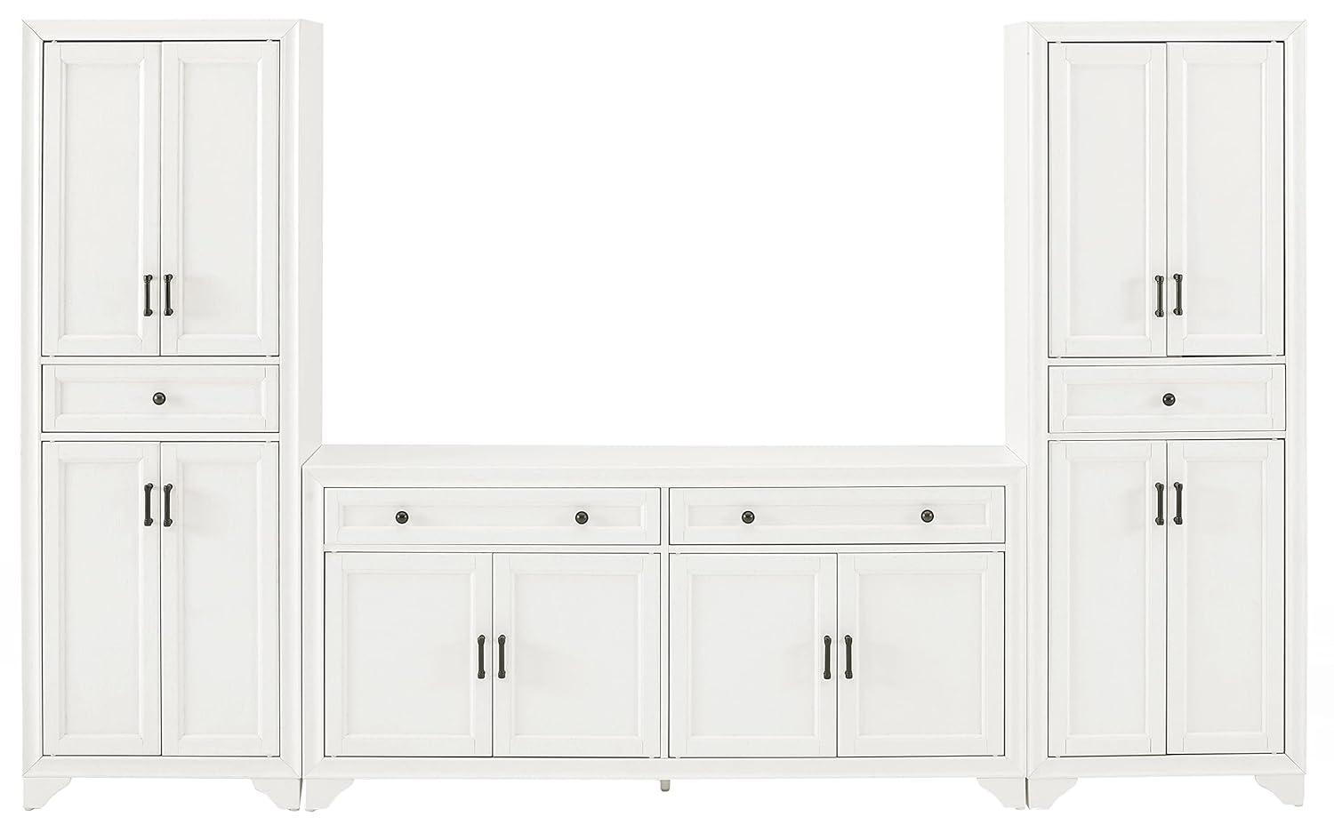3pc Tara Sideboard and Pantry Set Distressed White - Crosley: Kitchen Storage, Adjustable Shelves, MDF
